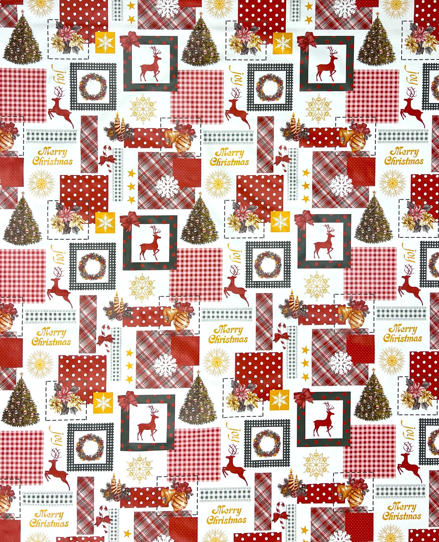 KEVKUS Wachstuch Tischdecke 01047-00 Weihnachten Rentier rot grün Patchwork wählbar in eckig, rund und oval -