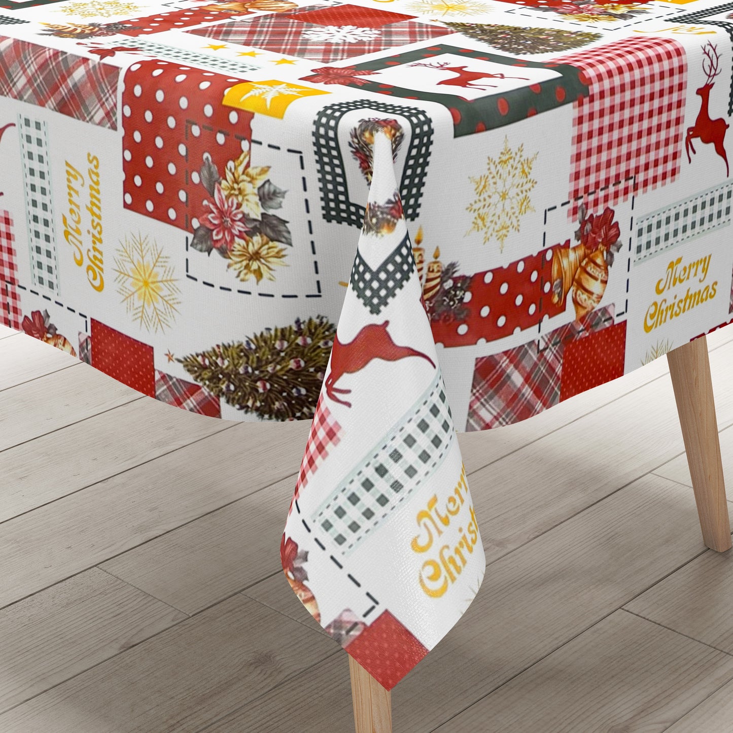 KEVKUS Wachstuch Tischdecke 01047-00 Weihnachten Rentier rot grün Patchwork wählbar in eckig, rund und oval -