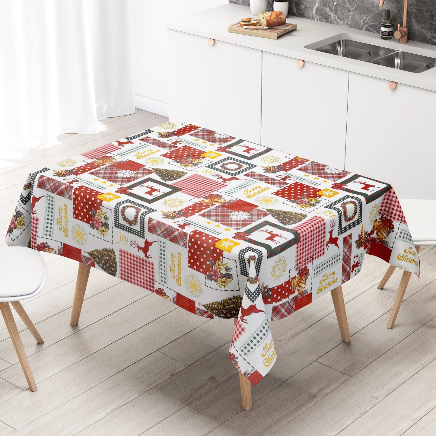 KEVKUS Wachstuch Tischdecke 01047-00 Weihnachten Rentier rot grün Patchwork wählbar in eckig, rund und oval -