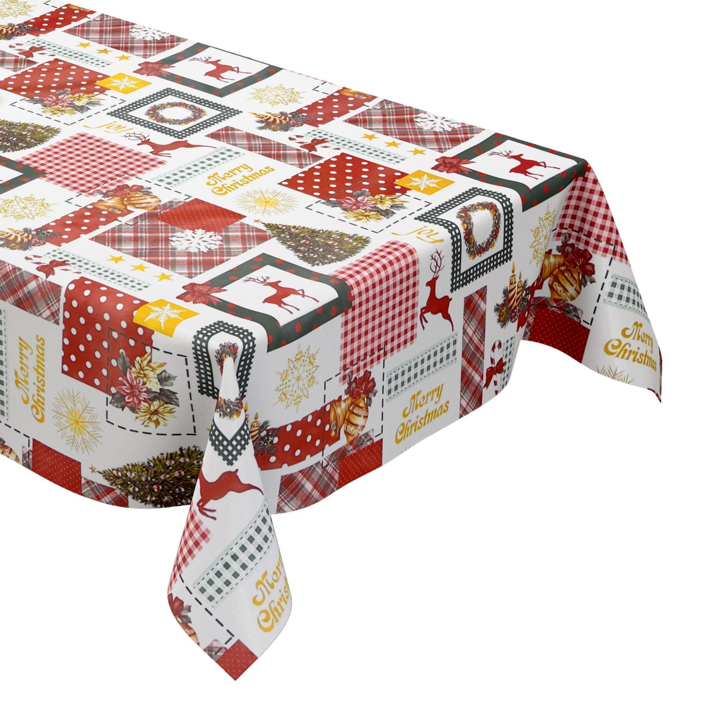 KEVKUS Wachstuch Tischdecke 01047-00 Weihnachten Rentier rot grün Patchwork wählbar in eckig, rund und oval -