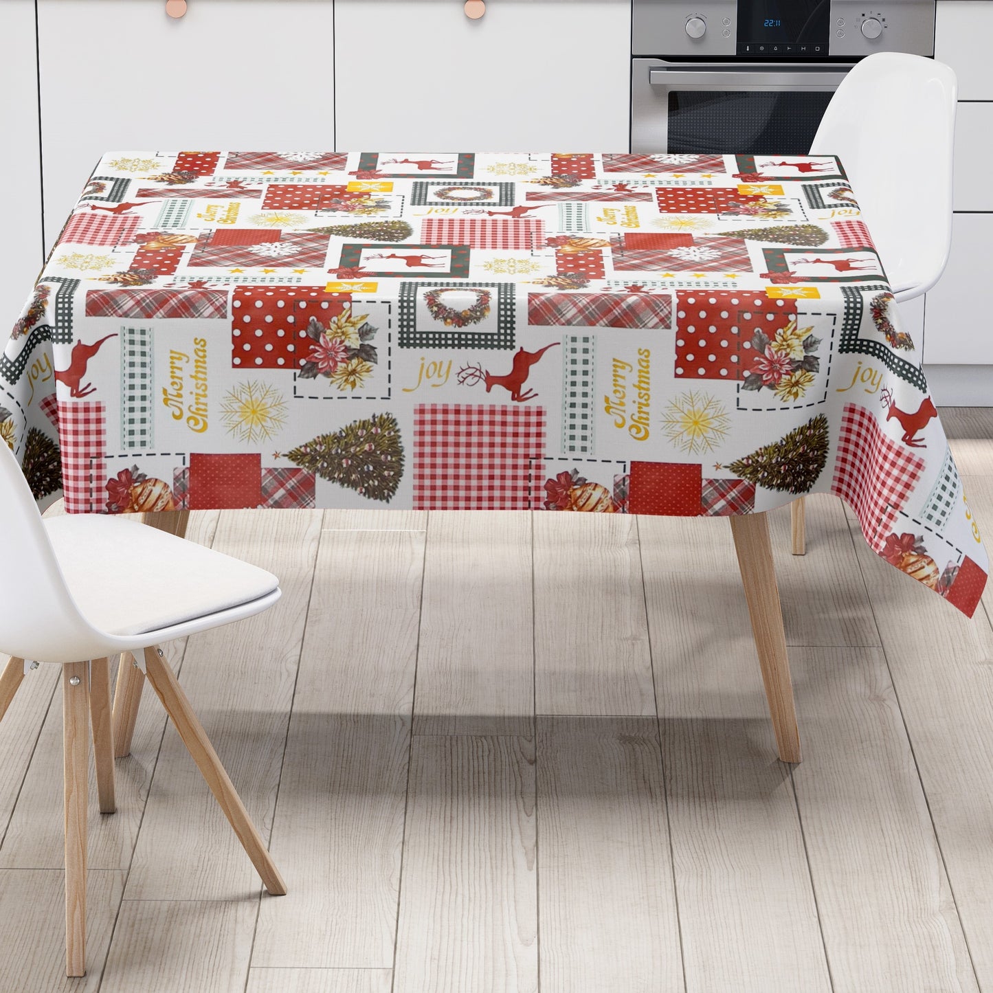 KEVKUS Wachstuch Tischdecke 01047-00 Weihnachten Rentier rot grün Patchwork wählbar in eckig, rund und oval -