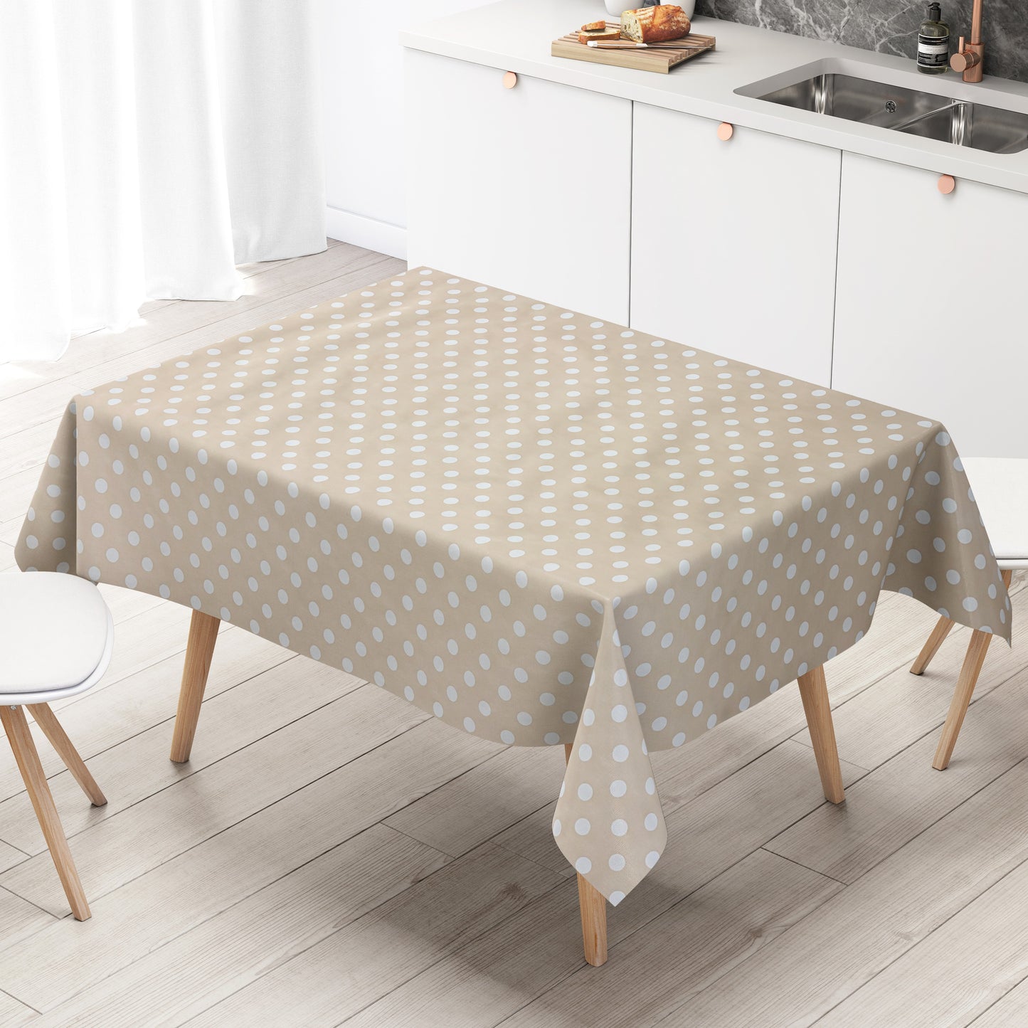 Wachstuch Tischdecke 01150-04 weiße Punkte auf beige-creme Polka Dots eckig rund oval