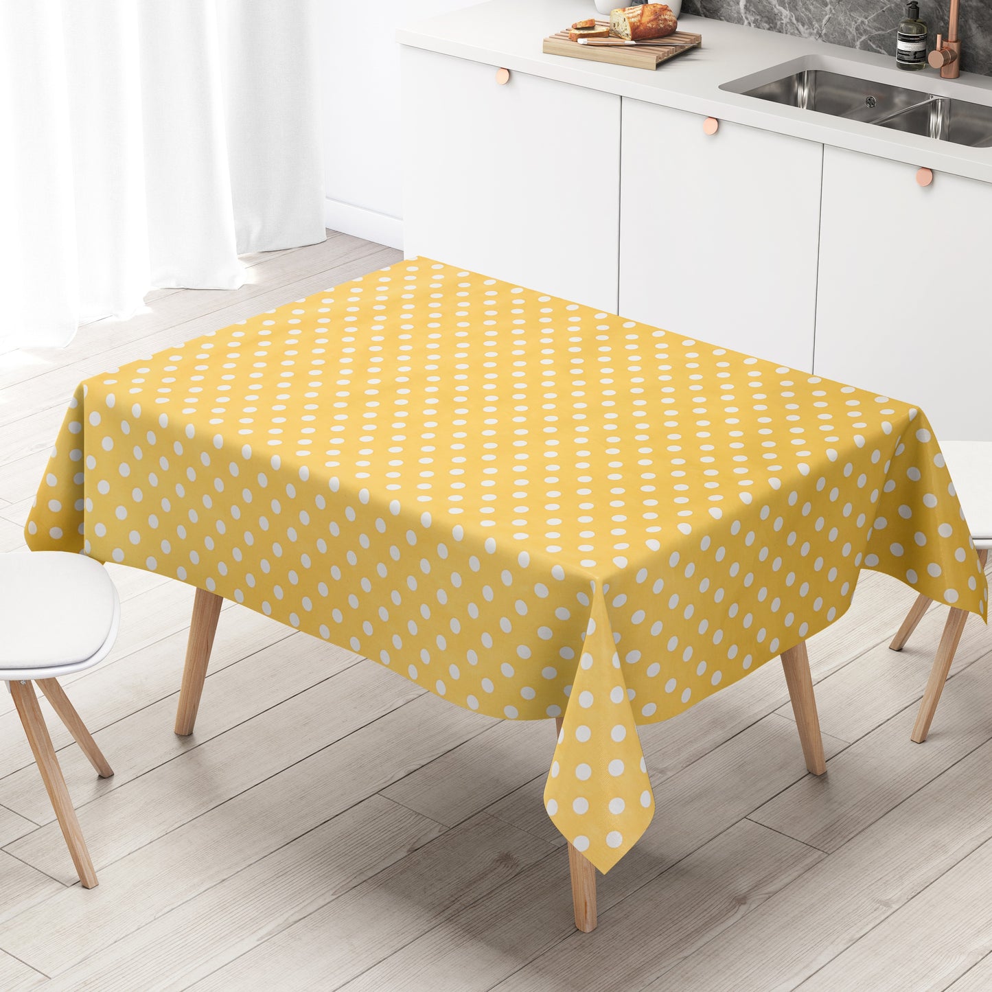 Wachstuch Tischdecke 01150-10 weiße Punkte auf gelb Polka Dots eckig rund oval