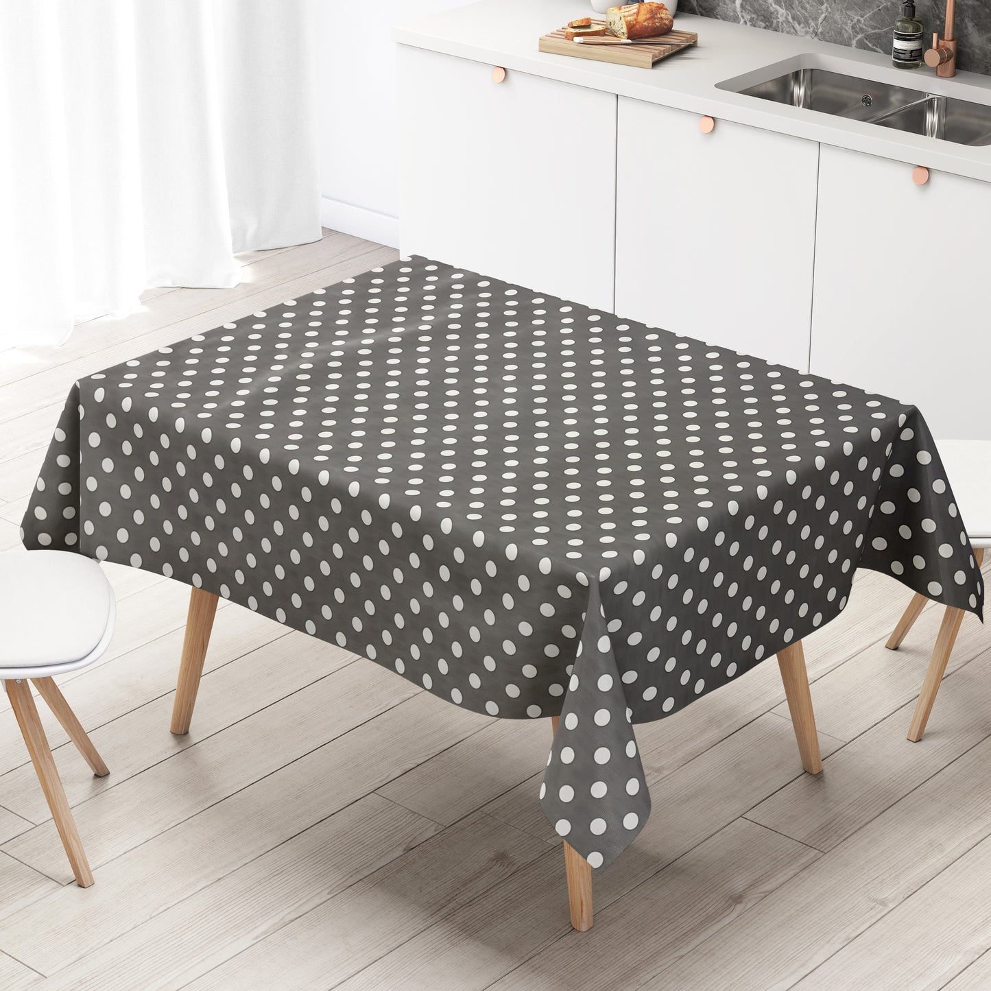Wachstuch Tischdecke 01150-20 weiße Punkte auf dunkelgrau Polka Dots eckig rund oval