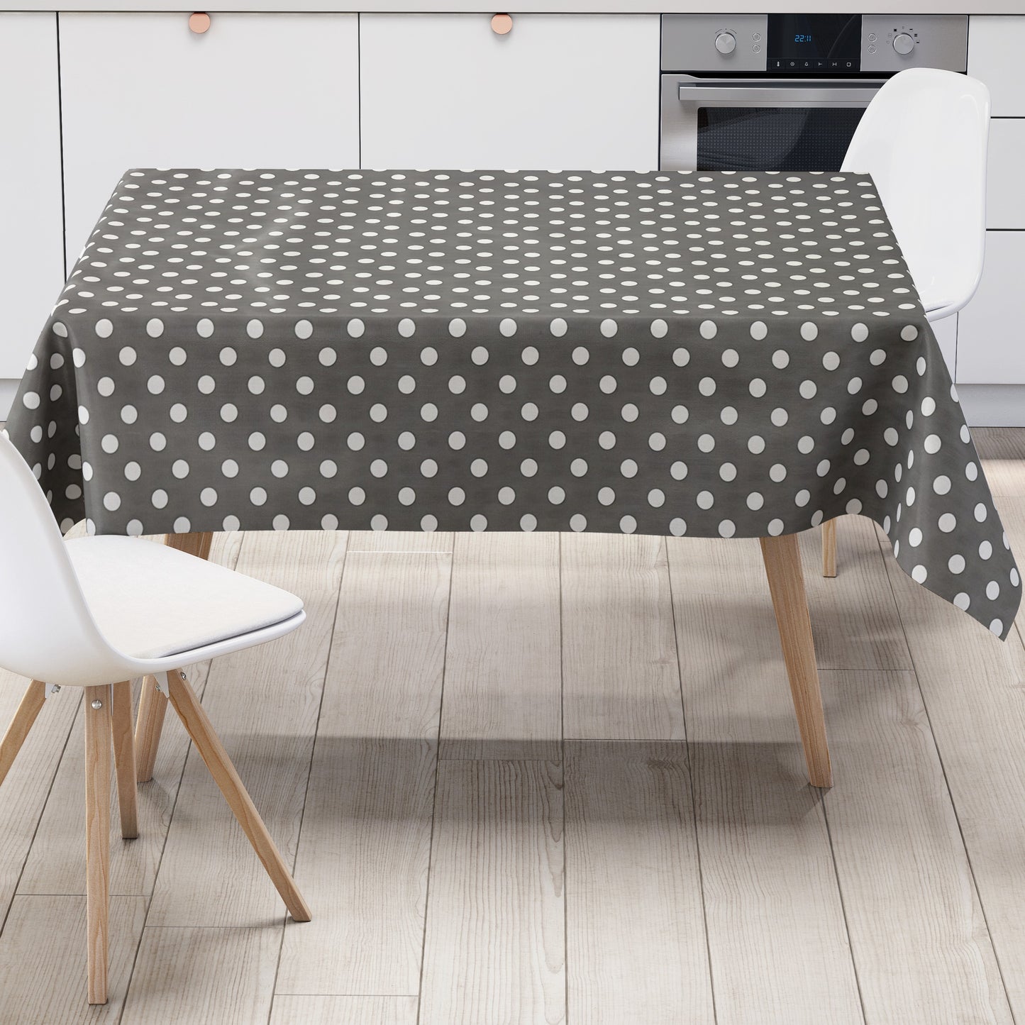 Wachstuch Tischdecke 01150-20 weiße Punkte auf dunkelgrau Polka Dots eckig rund oval