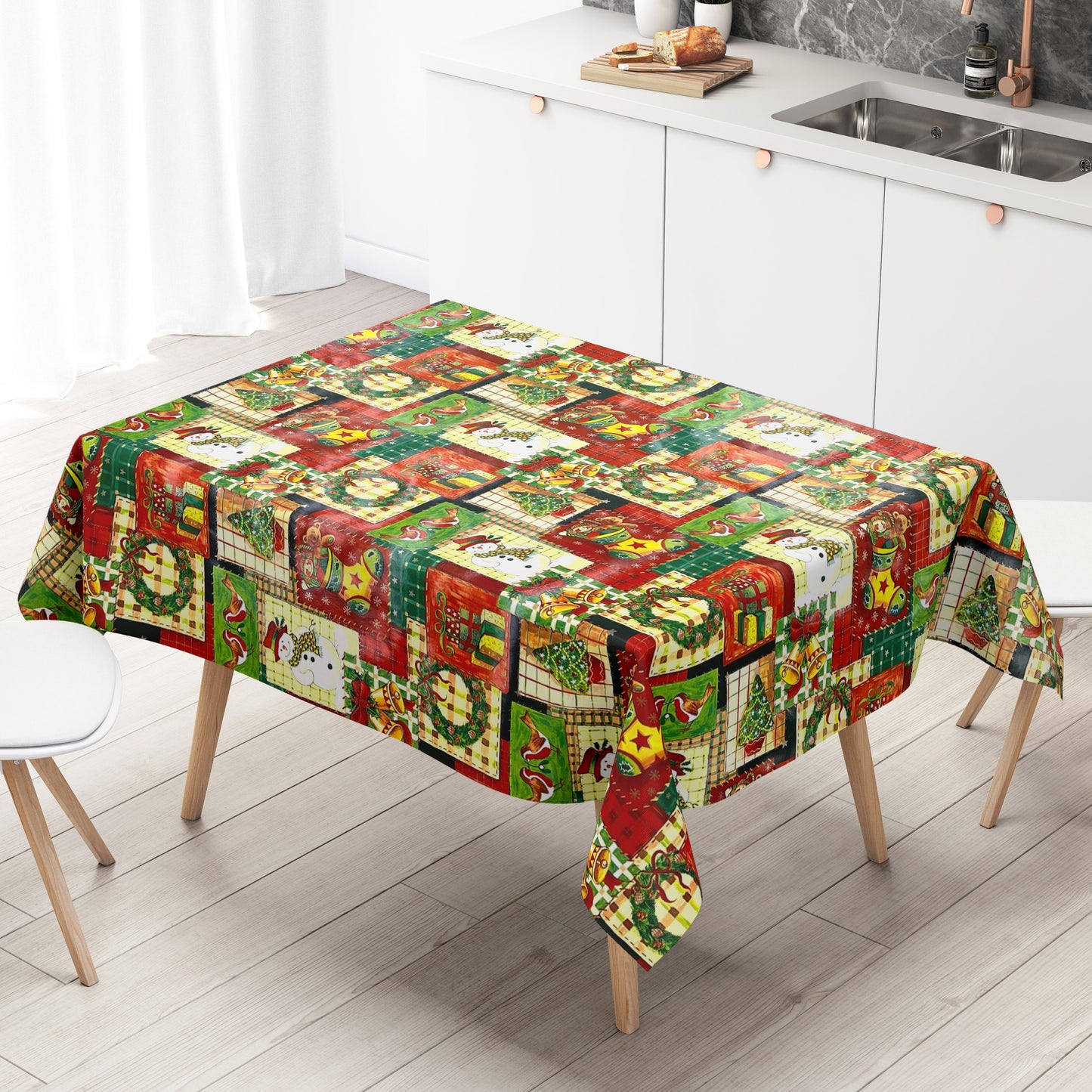 KEVKUS Wachstuch Tischdecke 01186-00 Weihnachten Advent Patchwork wählbar in eckig, rund und oval -