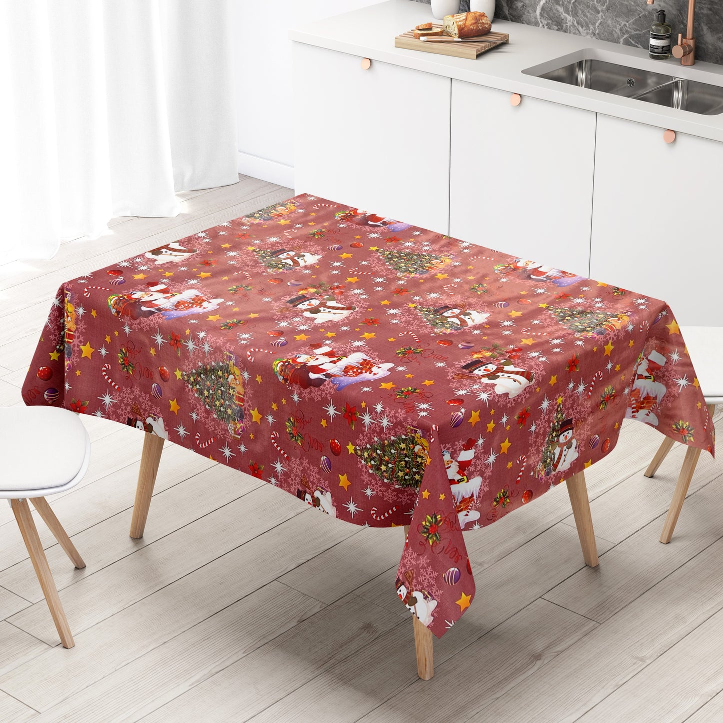 KEVKUS Wachstuch Tischdecke 01188-03 rot Weihnachten Weihnachtsmann wählbar in eckig, rund und oval -