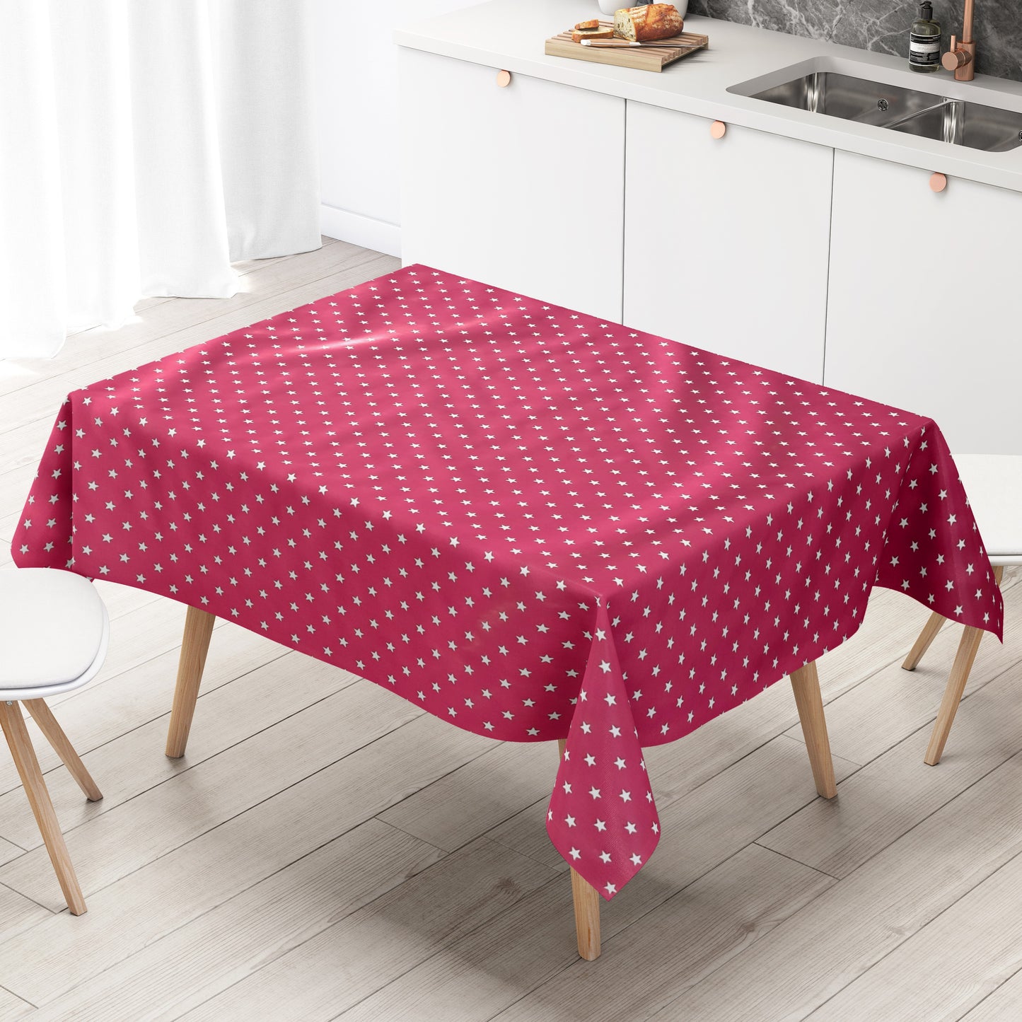 KEVKUS Wachstuch Tischdecke Weihnachten 01289-04 weiße Sterne auf fuchsia eckig rund oval
