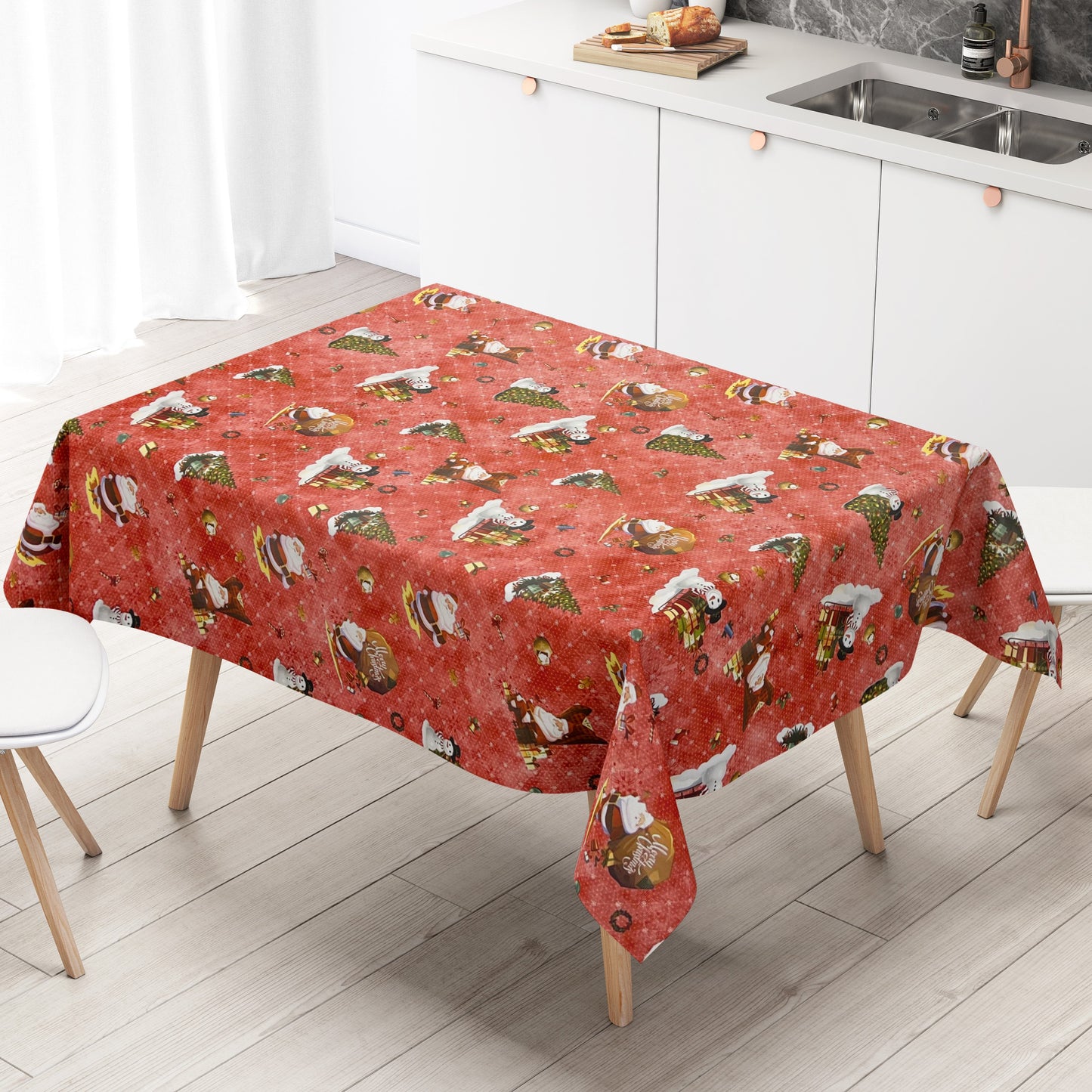 KEVKUS Wachstuch Tischdecke 01334-02 rot Weihnachten Weihnachtsmann wählbar in eckig, rund und oval -