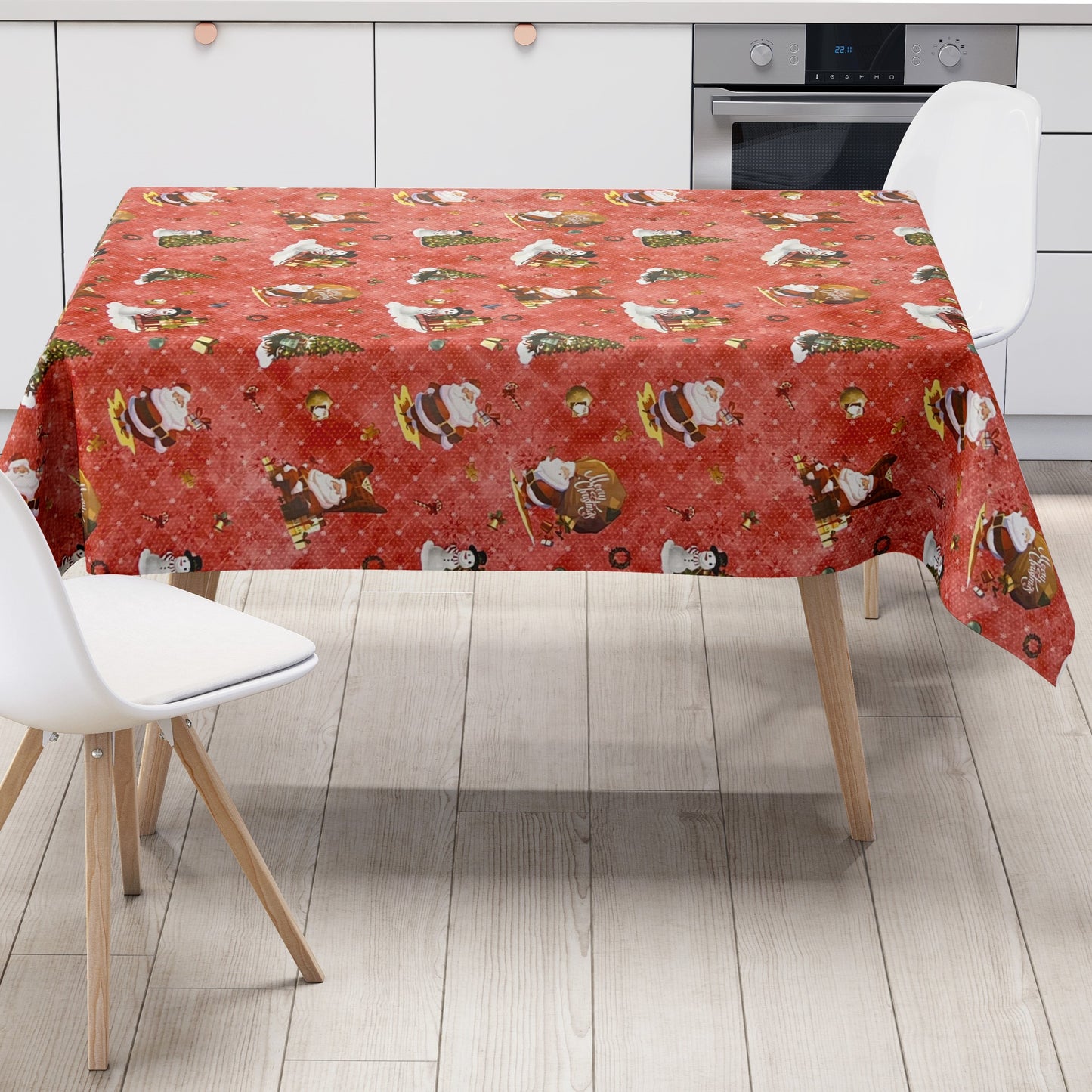 KEVKUS Wachstuch Tischdecke 01334-02 rot Weihnachten Weihnachtsmann wählbar in eckig, rund und oval -