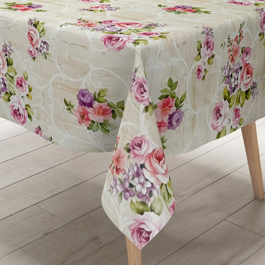 Wachstuch Tischdecke Rosen Blüten beige Holz