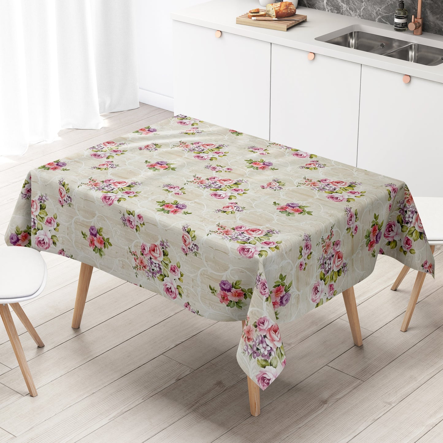 Wachstuch Tischdecke Rosen Blüten beige Holz