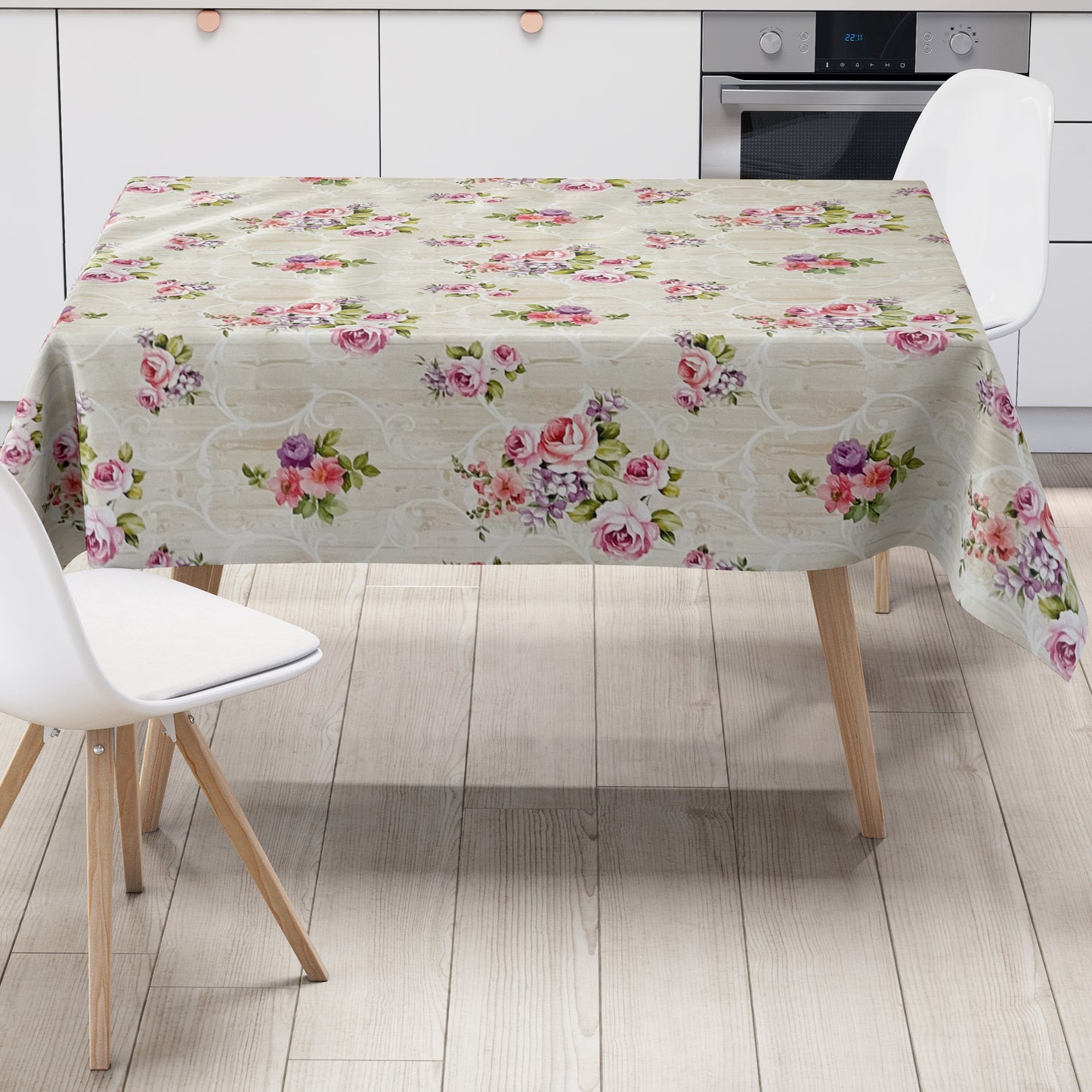 Wachstuch Tischdecke Rosen Blüten beige Holz