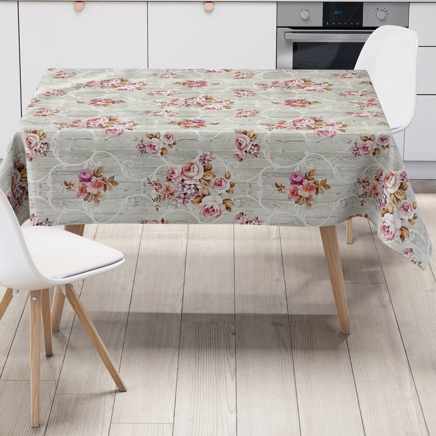 Wachstuch Tischdecke 01341-04 Rosen Blüten auf Holz grau eckig rund oval Meterware