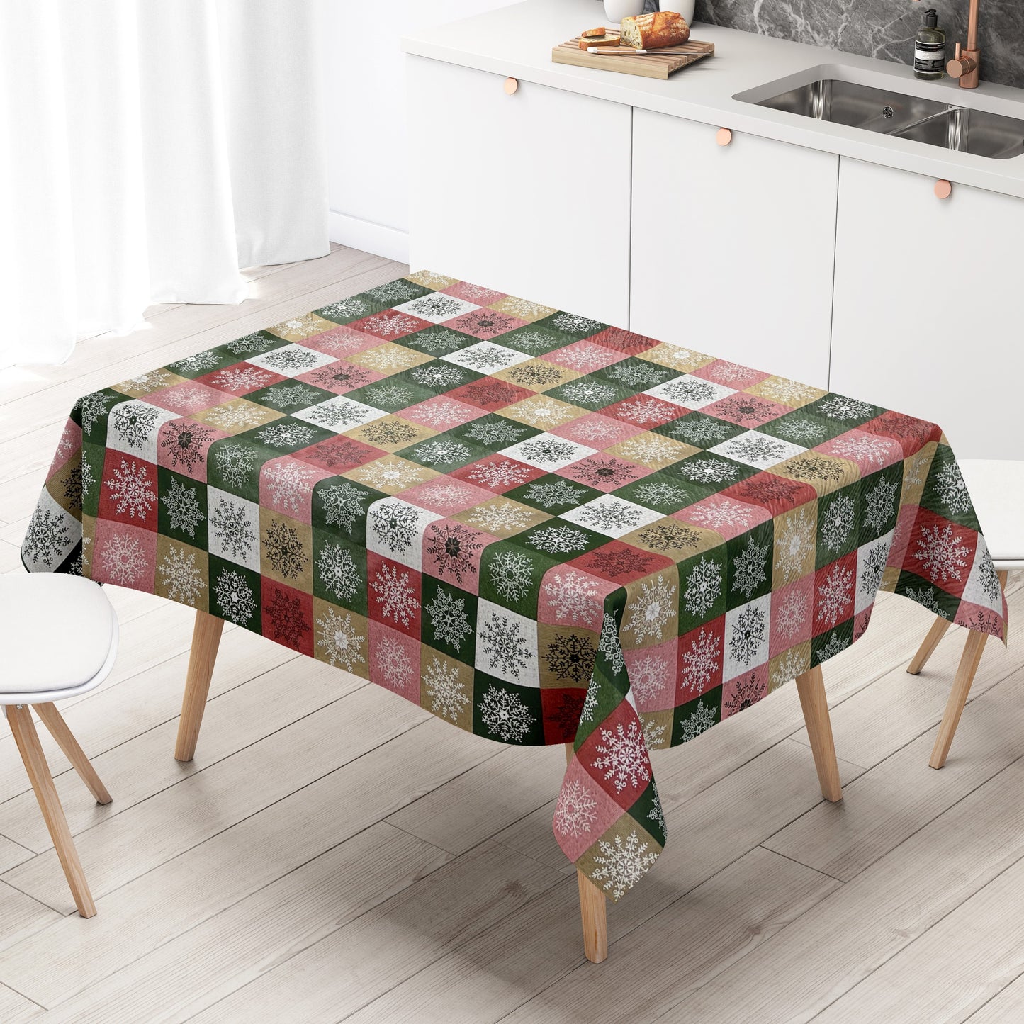 KEVKUS Wachstuch Tischdecke 01355-05 Karo Schneeflocken Weihnachten wählbar in eckig, rund und oval -