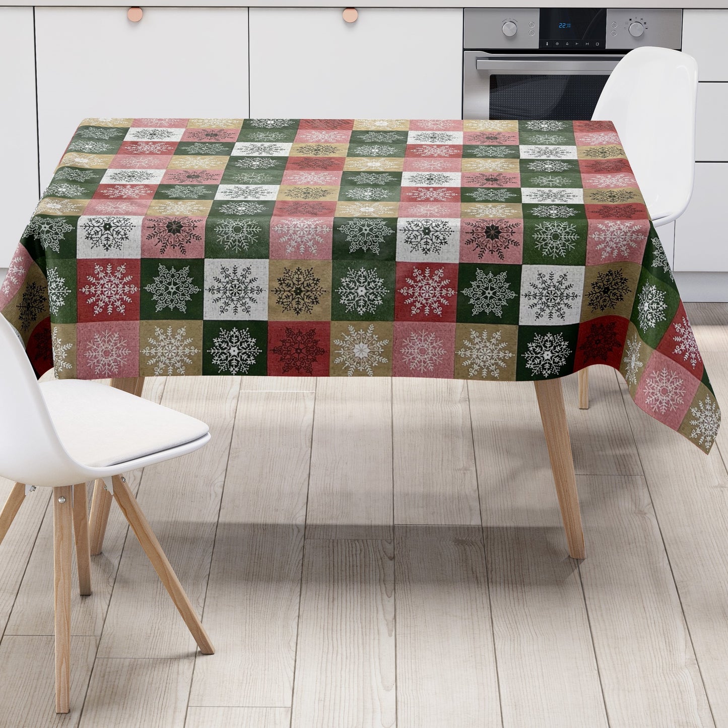 KEVKUS Wachstuch Tischdecke 01355-05 Karo Schneeflocken Weihnachten wählbar in eckig, rund und oval -