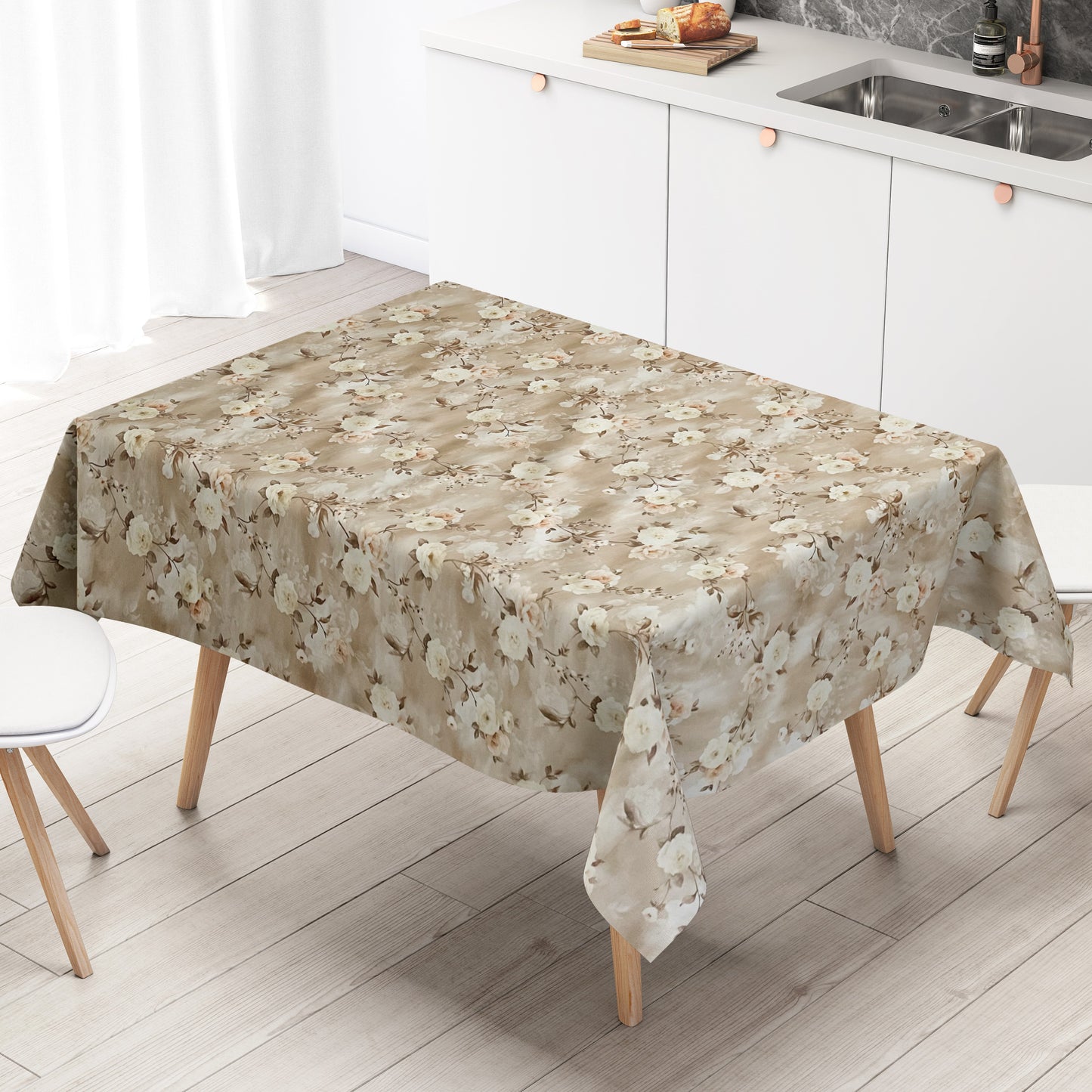 KEVKUS Wachstuch Tischdecke 01502-02 hellbraun Rosen Blüten wählbar in eckig, rund und oval -