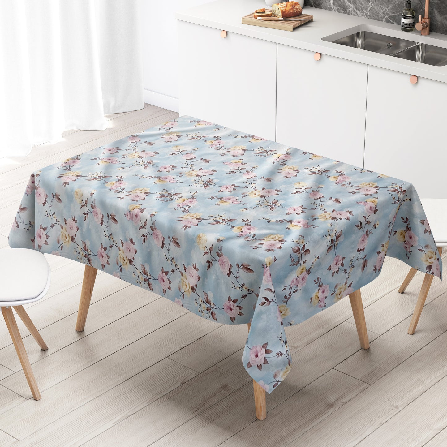 Wachstuch Tischdecke Rosenblüten hellblau