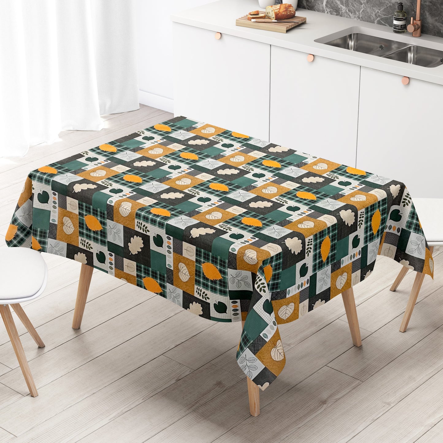 KEVKUS Wachstuch Tischdecke 01551-01 grün orange kariert Herbst Blätter Laub wählbar in eckig, rund und oval -