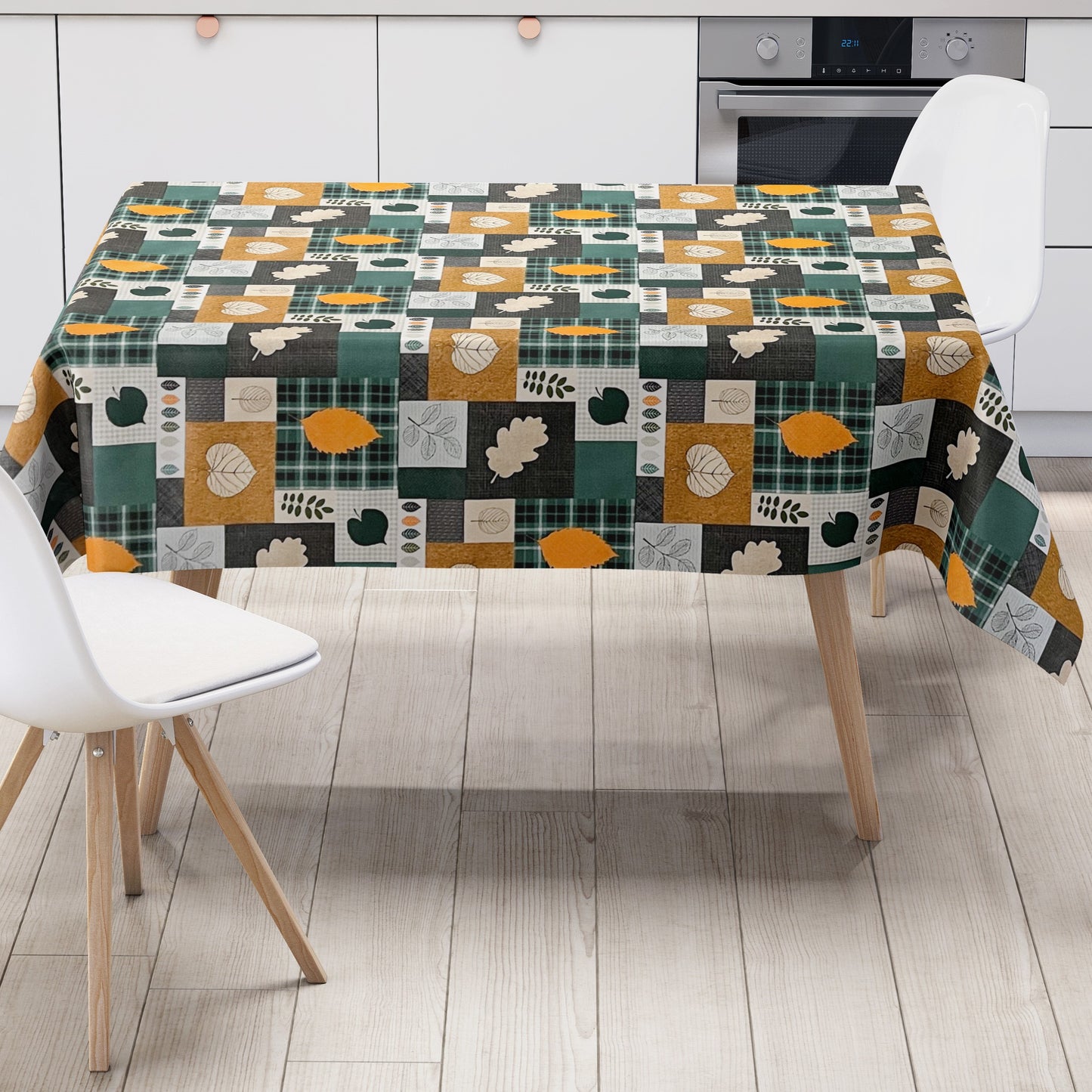KEVKUS Wachstuch Tischdecke 01551-01 grün orange kariert Herbst Blätter Laub wählbar in eckig, rund und oval -
