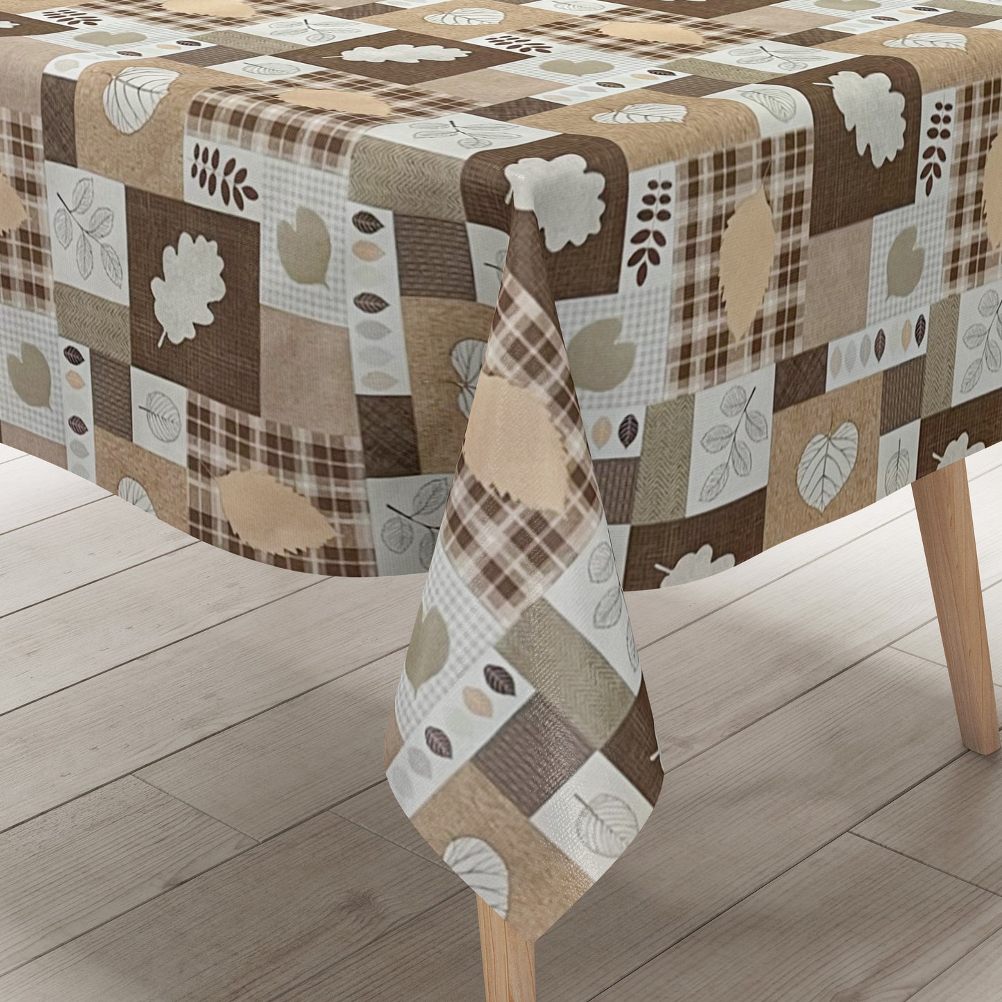 KEVKUS Wachstuch Tischdecke 01551-03 beige braun kariert Herbst Blätter Laub wählbar in eckig, rund und oval -