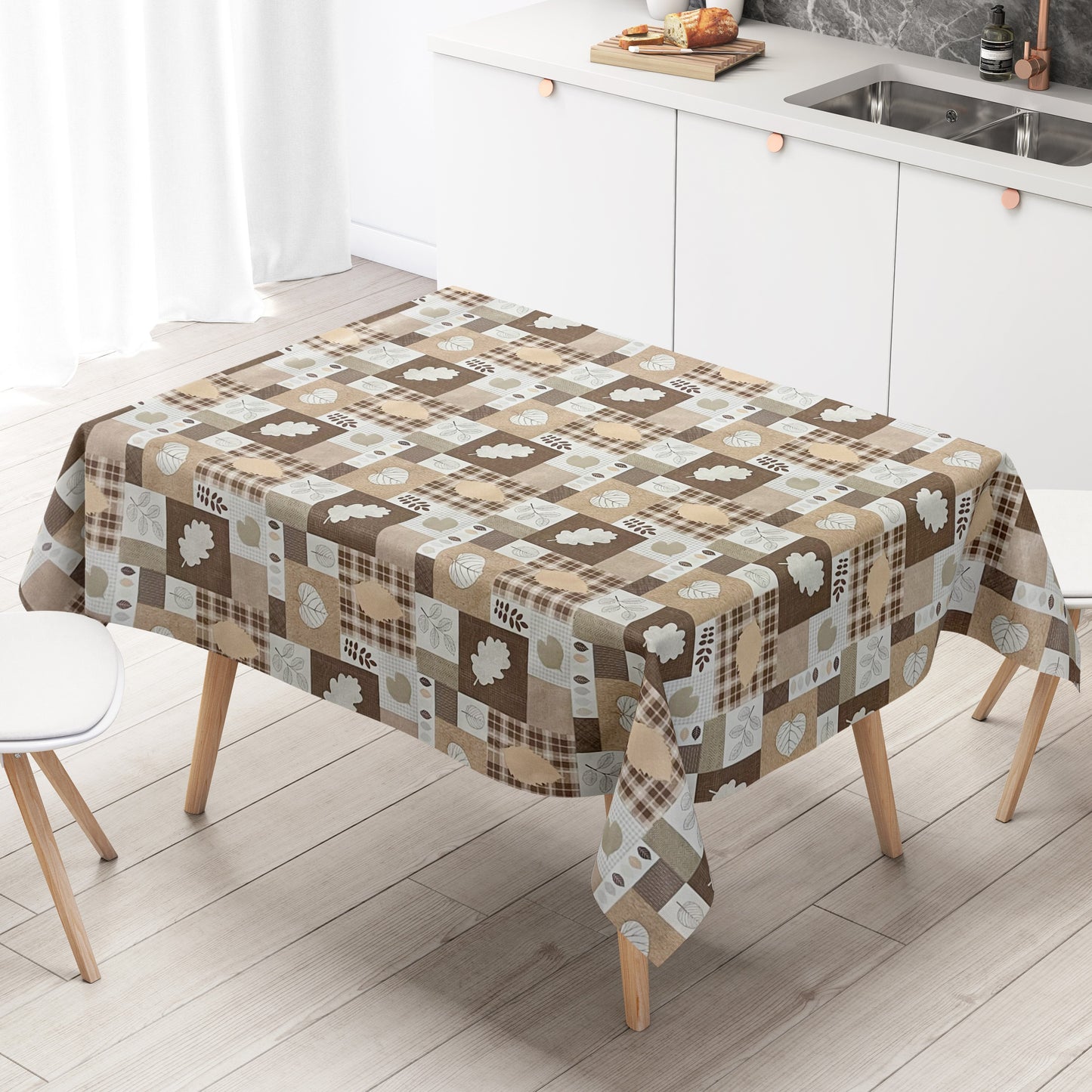 KEVKUS Wachstuch Tischdecke 01551-03 beige braun kariert Herbst Blätter Laub wählbar in eckig, rund und oval -