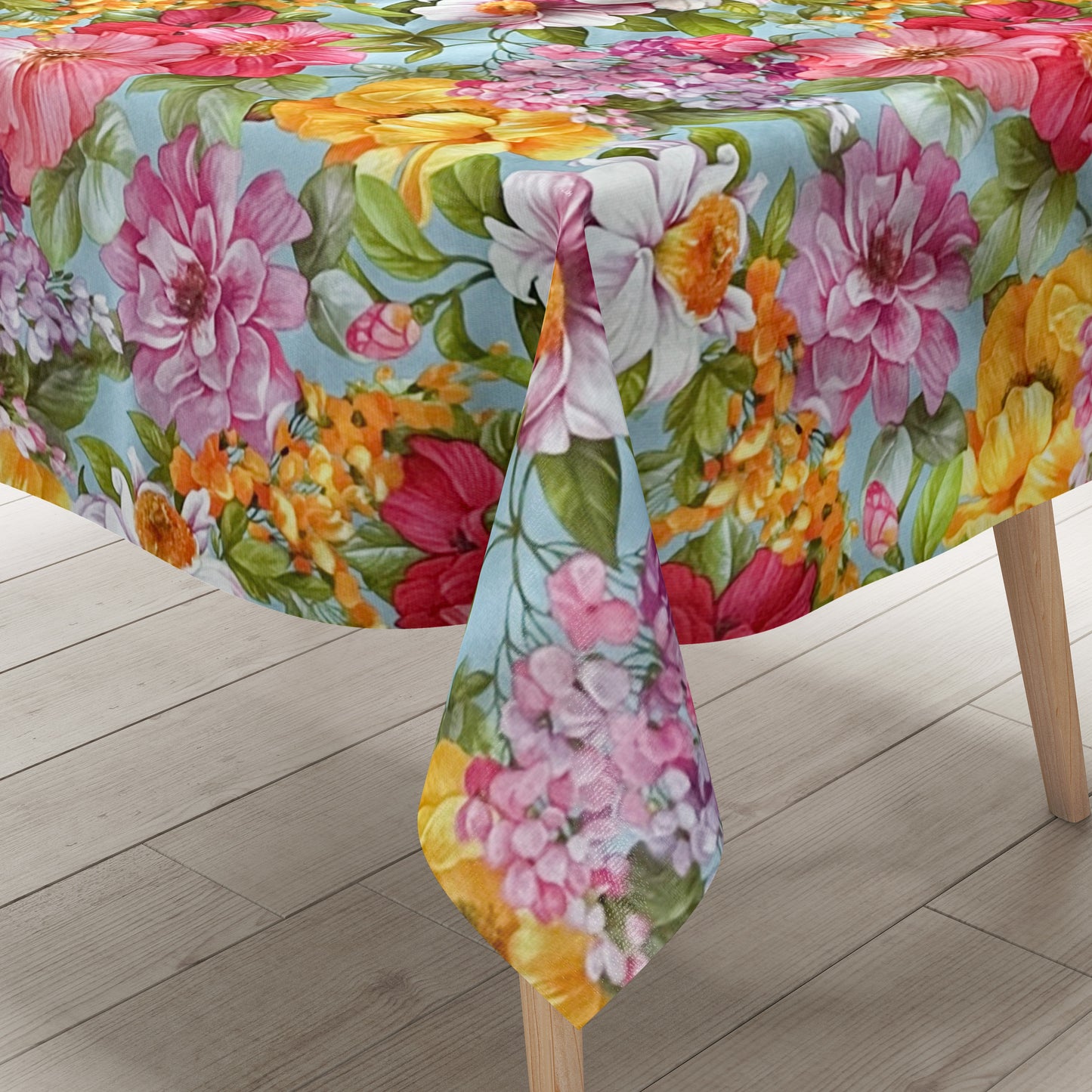 Wachstuch Tischdecke Blumen auf hellblau