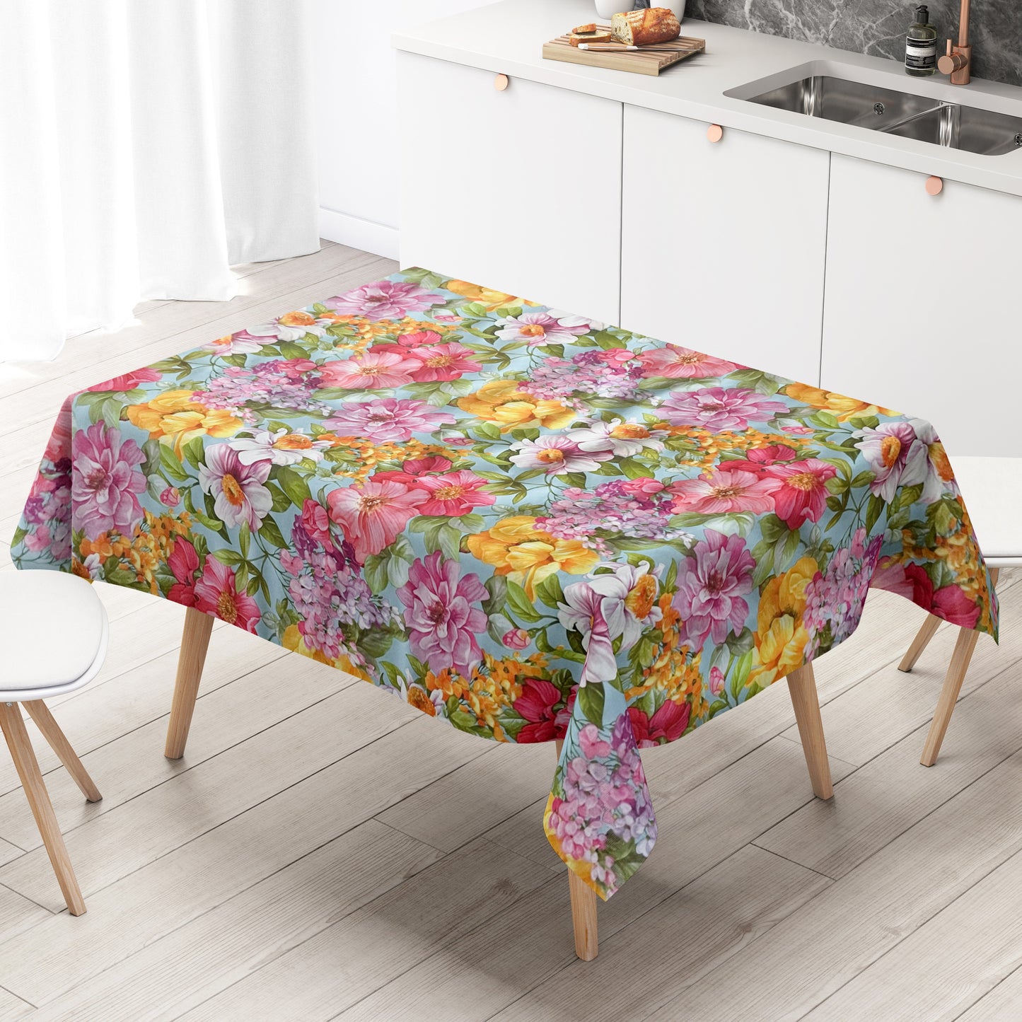 Wachstuch Tischdecke Blumen auf hellblau
