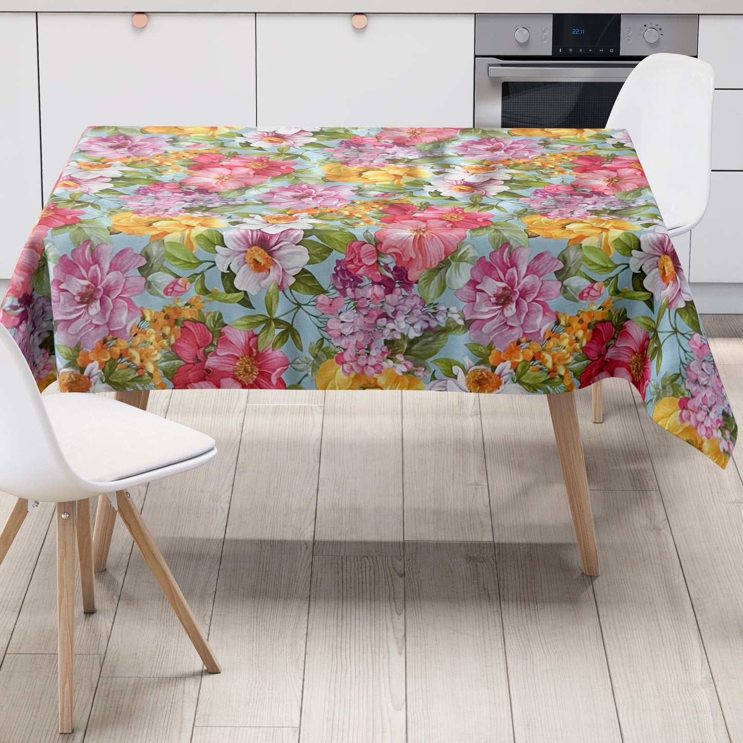 Wachstuch Tischdecke Blumen auf hellblau