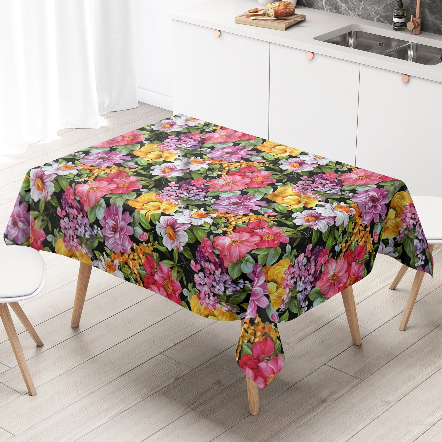 Wachstuch Tischdeckle Blumenmeer schwarz