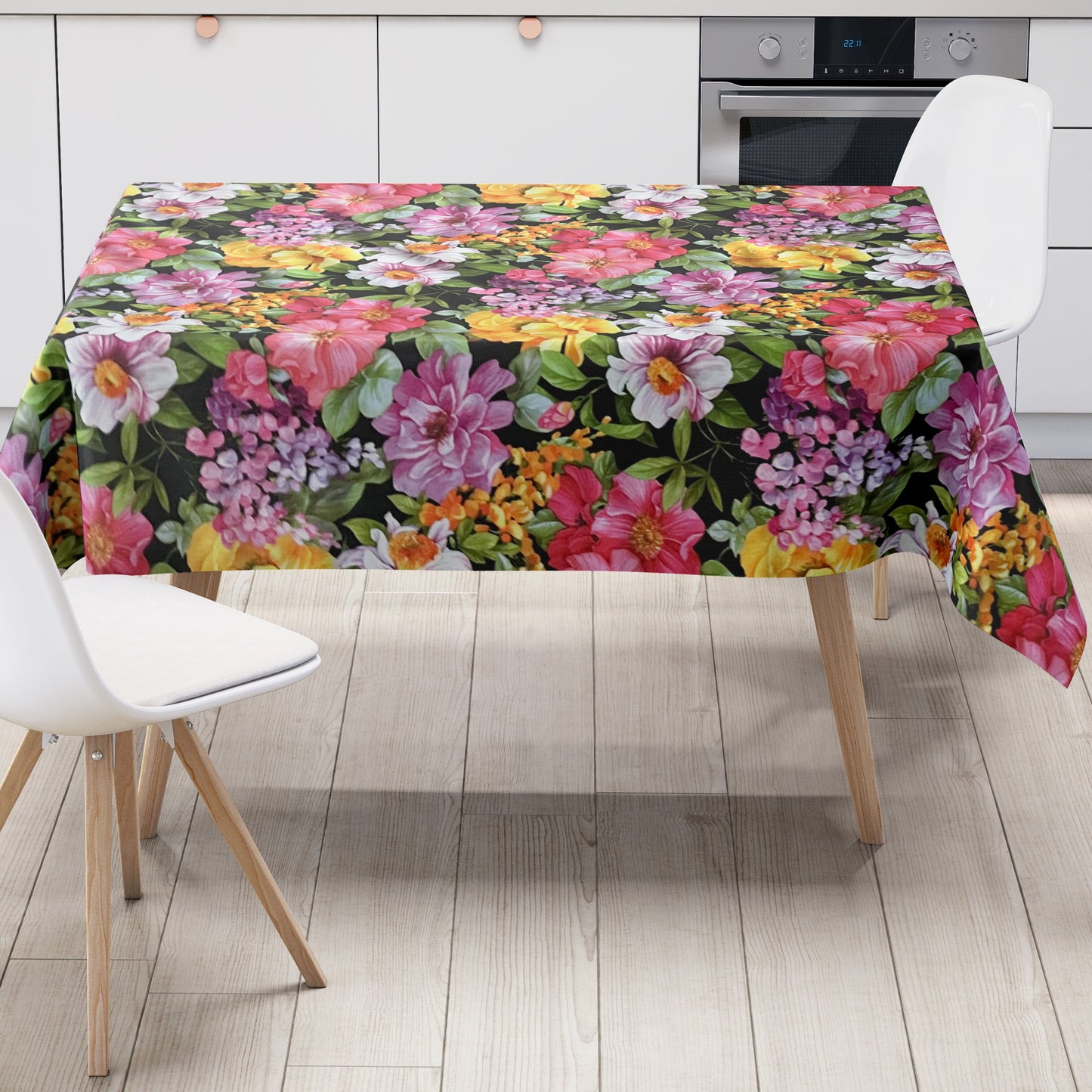 Wachstuch Tischdeckle Blumenmeer schwarz