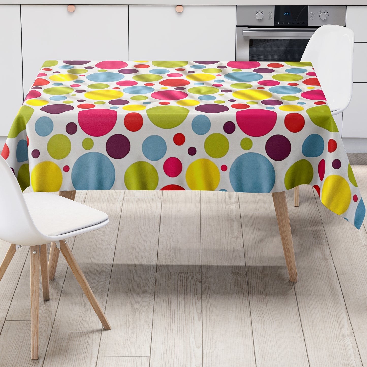 Wachstuch Tischdecke bunte Punkte auf weiss