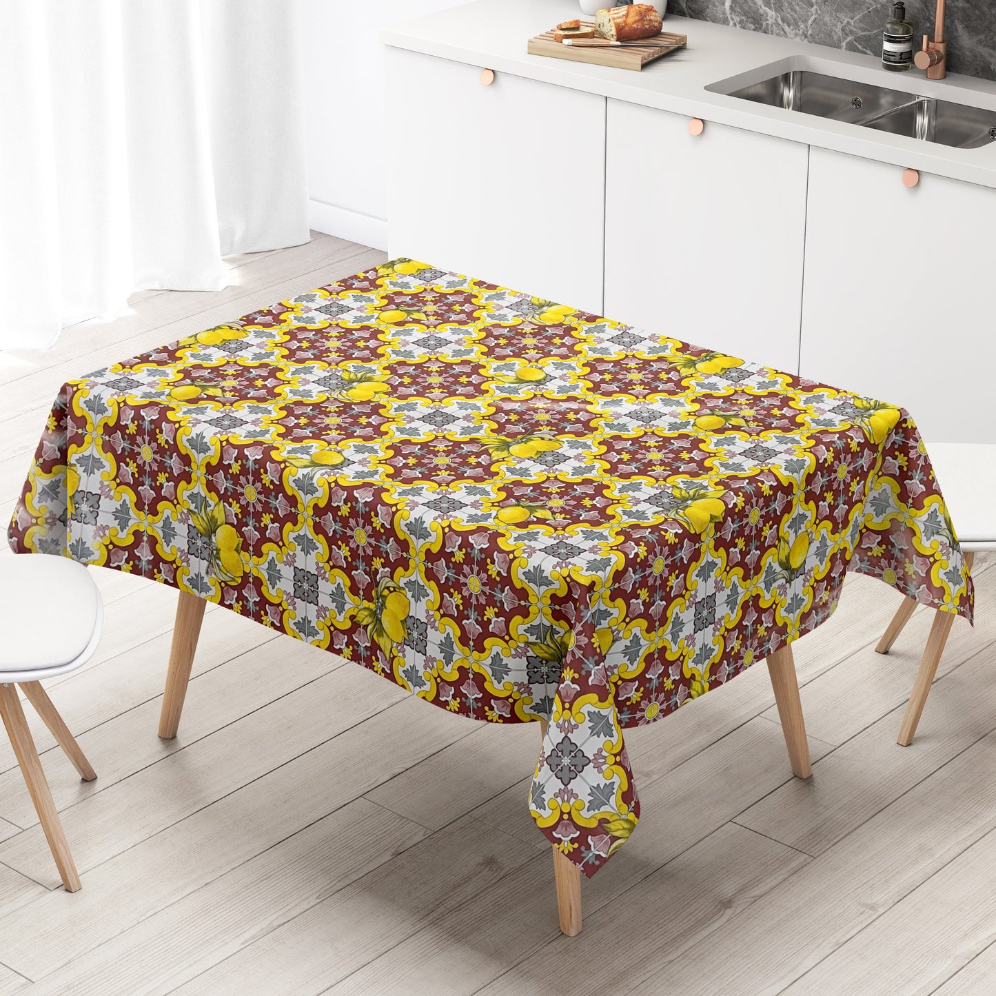 Wachstuch Tischdecke 06213-01 gelb bordeauxrot Fliesen Mosaik Zitronen eckig rund oval abwischbar