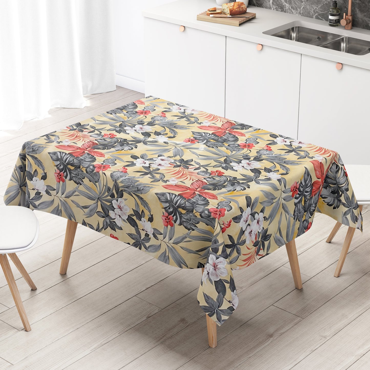 Wachstuch Tischdecke Hibiskus Dschungel beige