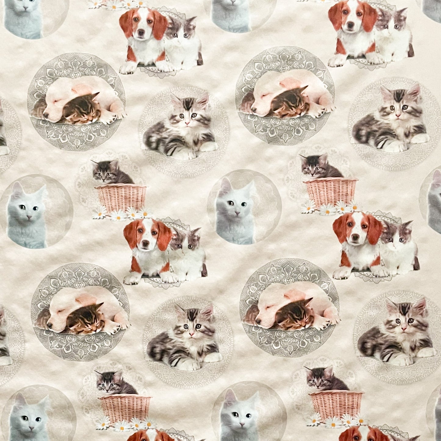Wachstuch Tischdecke beige mit Tieren Katze Hund