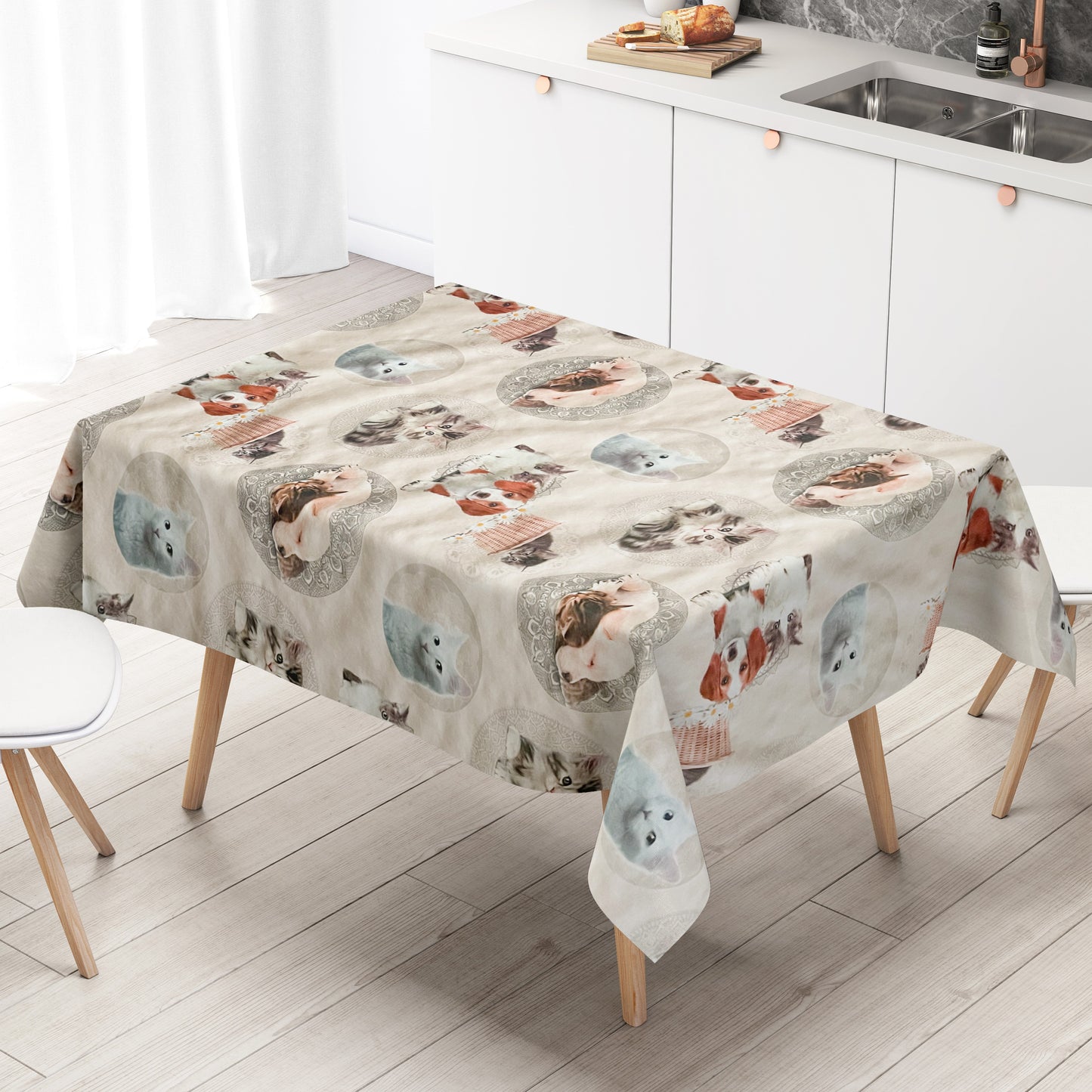 Wachstuch Tischdecke beige mit Tieren Katze Hund