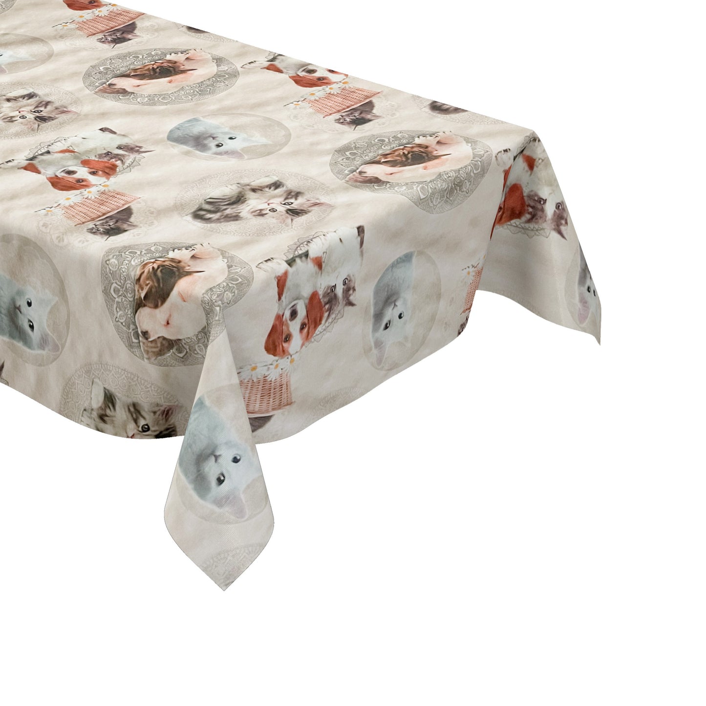 Wachstuch Tischdecke beige mit Tieren Katze Hund