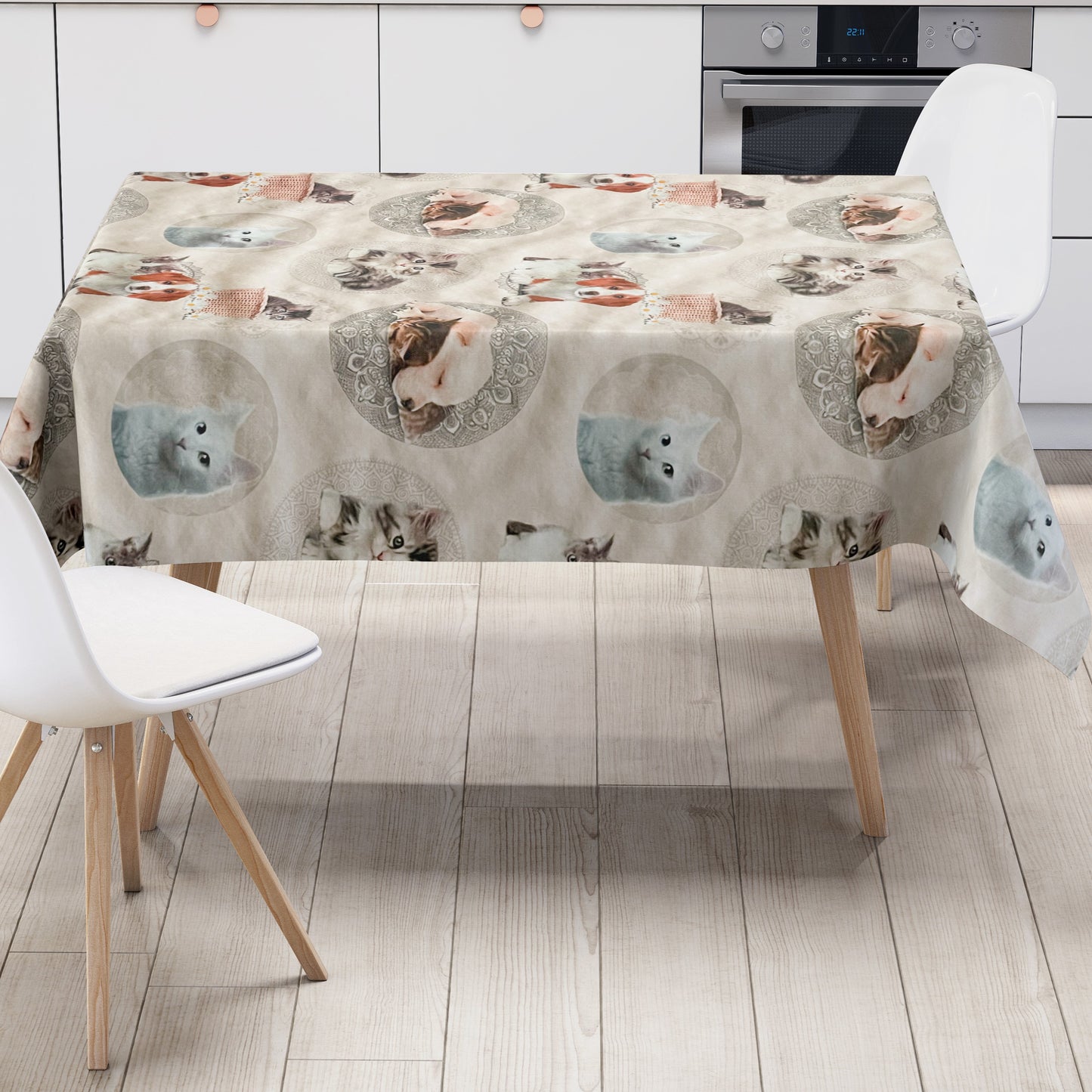 Wachstuch Tischdecke beige mit Tieren Katze Hund