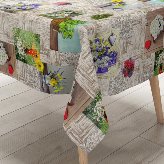 Wachstuch Tischdecke Blumen auf Holz
