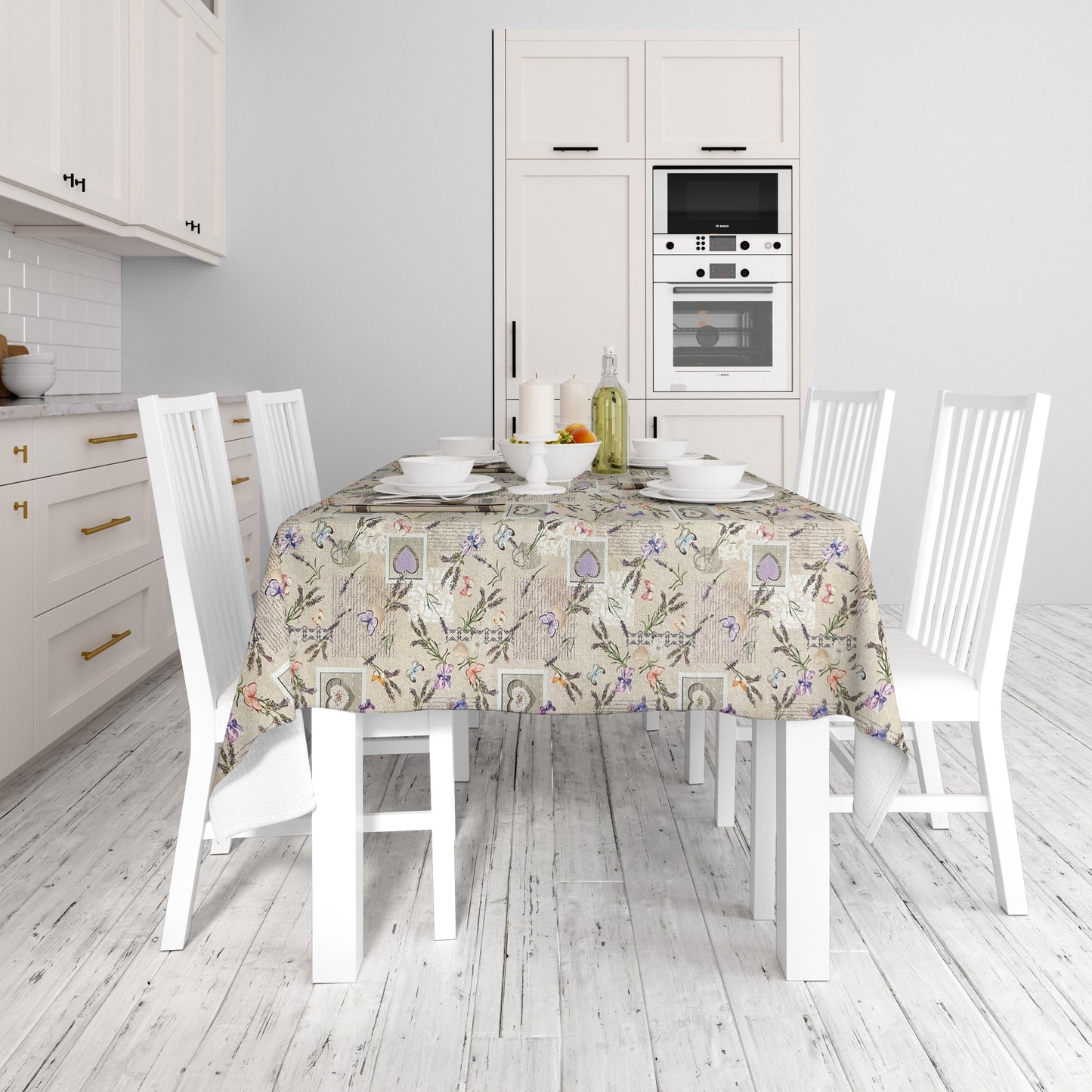 Jacquard Tischdecke aus beschichteter Baumwolle mit Fleckenschutz AGRES Lavendel Schmetterling Herz eckig rund oval