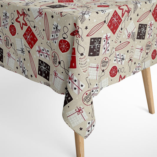 Nappe en coton Noël Avent ARSONA C-198 beige boules de Noël carrées rondes ovales