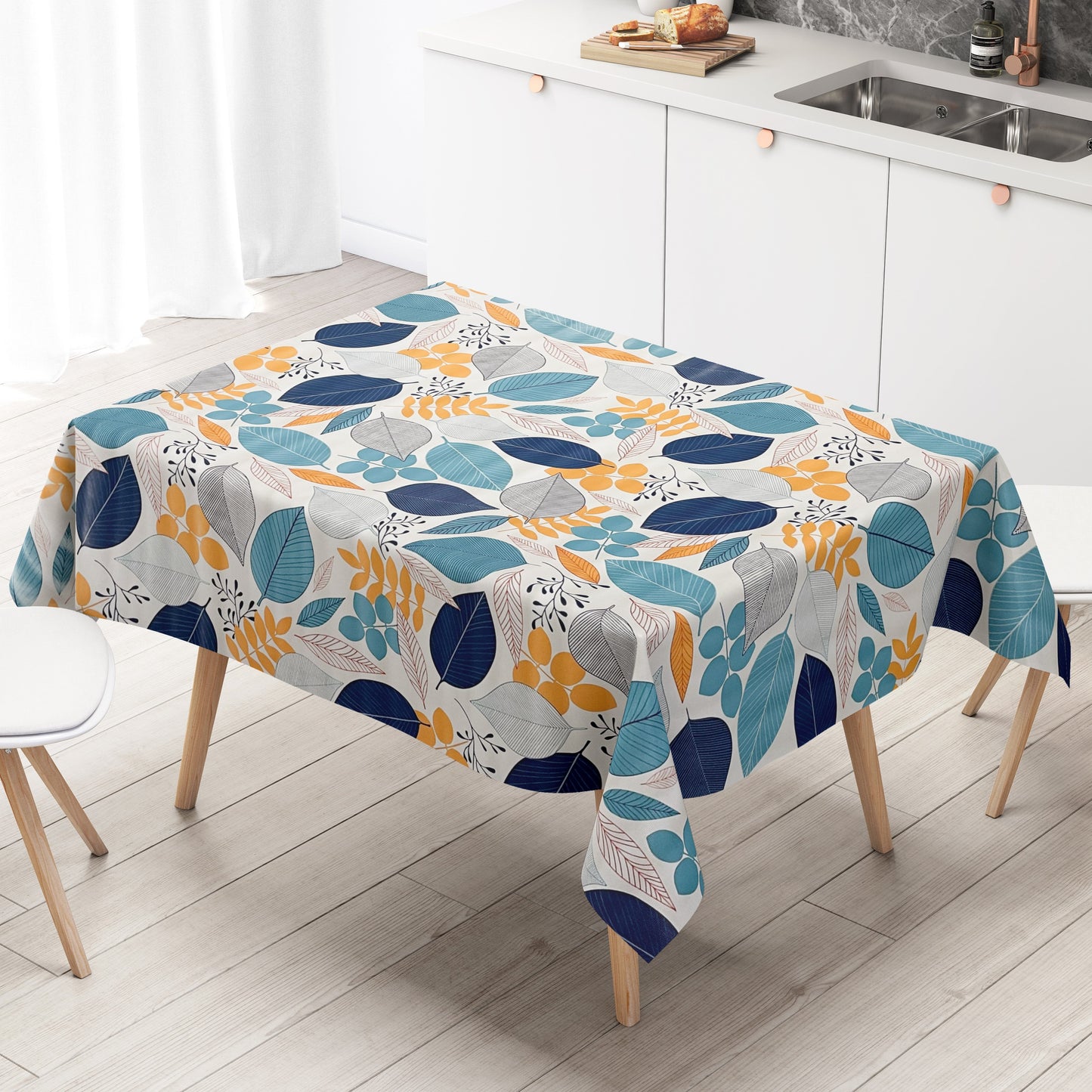 KEVKUS Wachstuch Tischdecke B4052-02 blau orange Blätter Laub Dschungel wählbar in eckig, rund und oval -