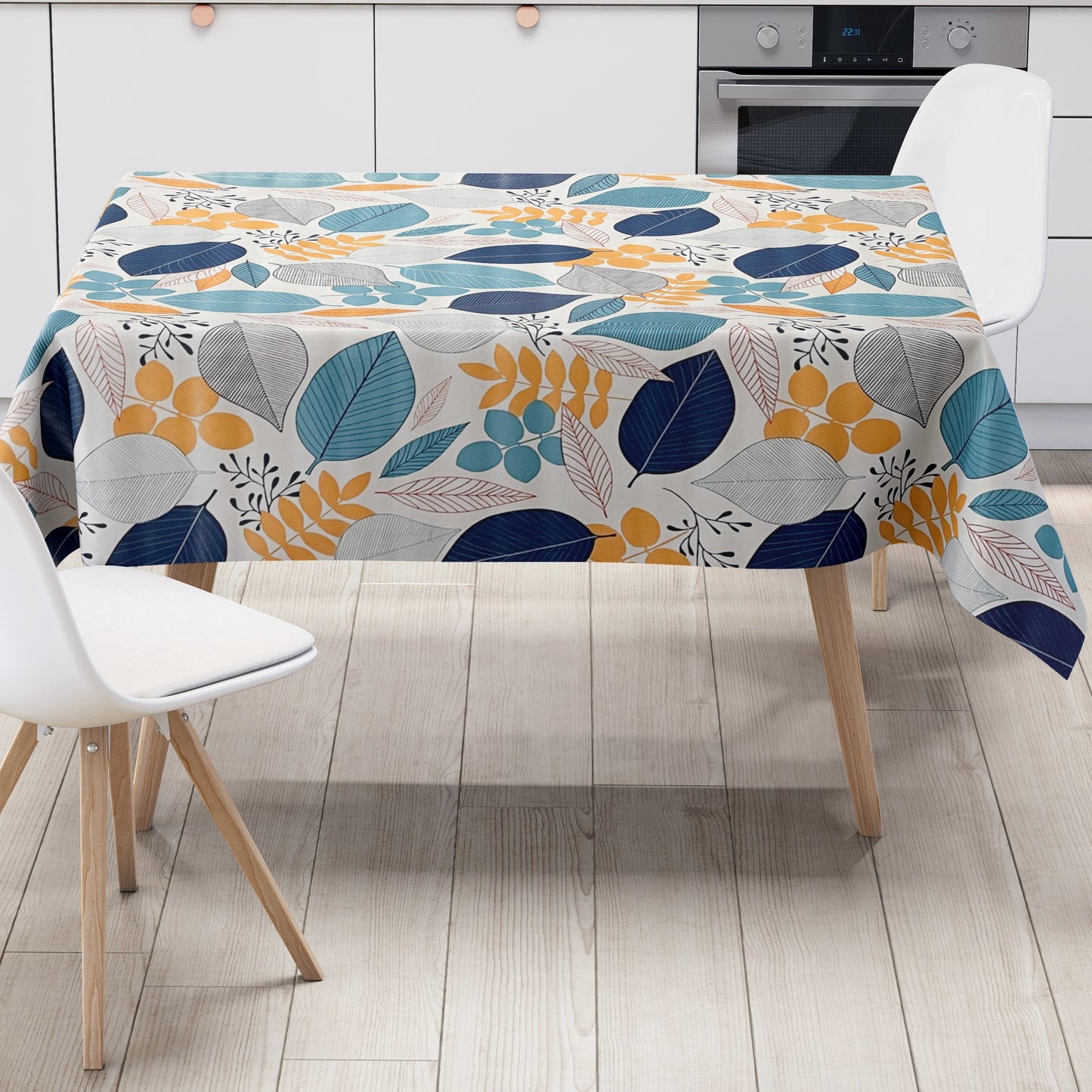 KEVKUS Wachstuch Tischdecke B4052-02 blau orange Blätter Laub Dschungel wählbar in eckig, rund und oval -
