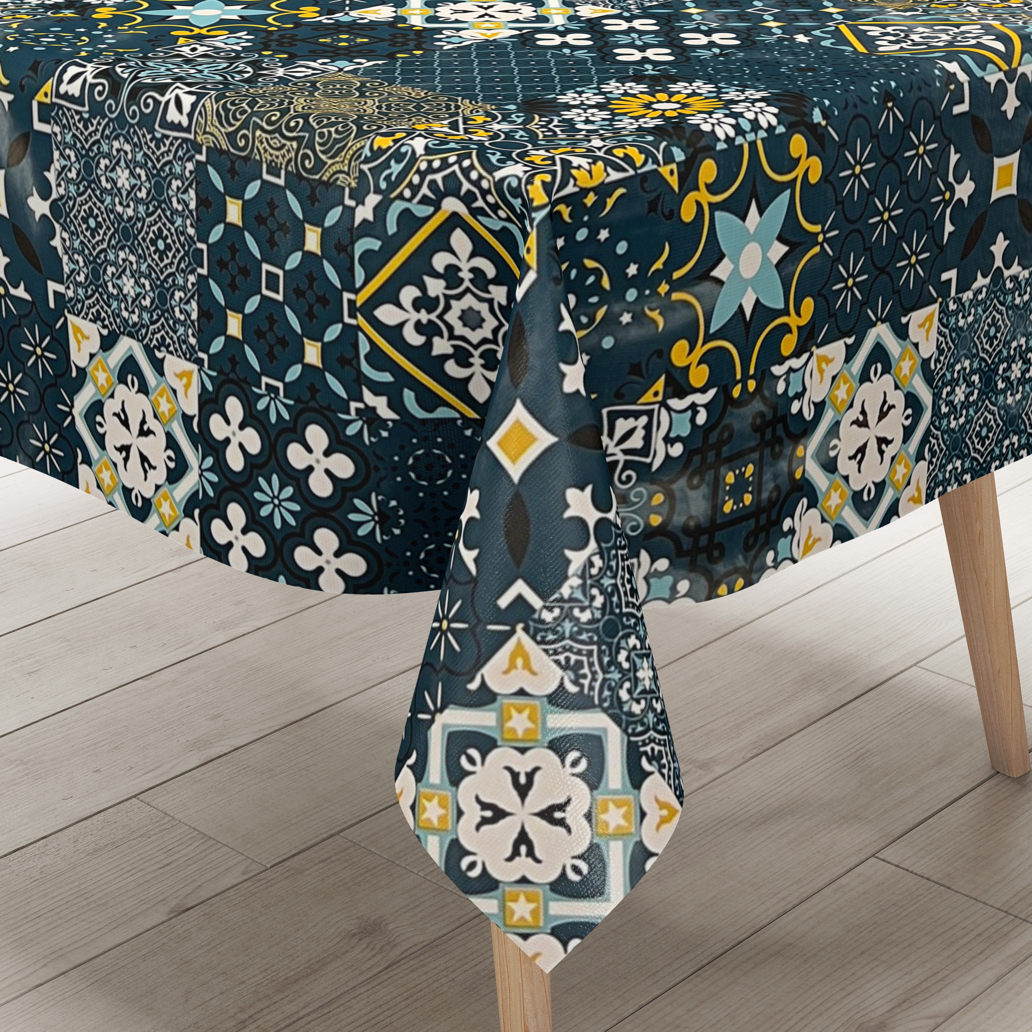 Auch viele Designs! Wachstuch Tischdecke B5010-04 petrol – Fliesen run Portugal Mosaik eckig