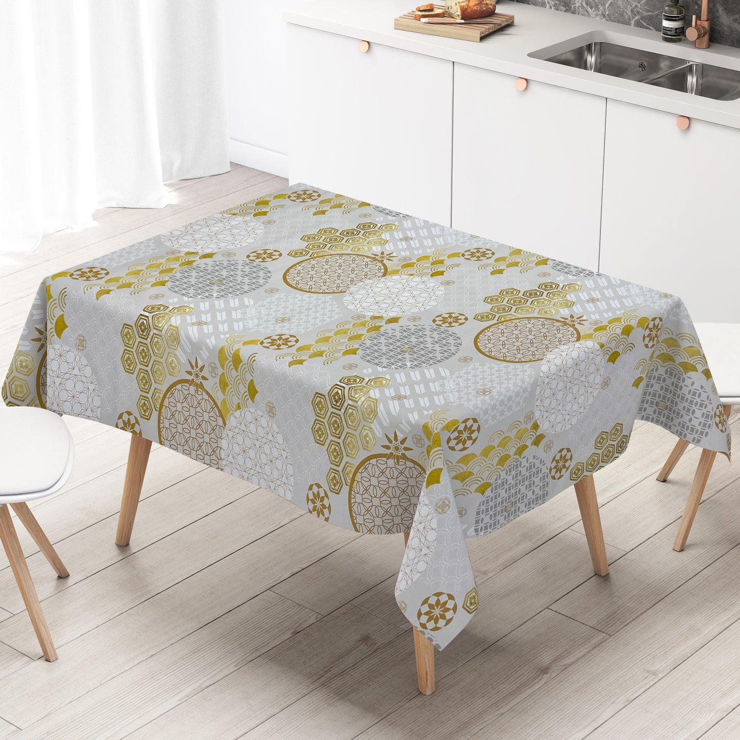 KEVKUS Wachstuch Tischdecke B5023-01 Weihnachten Advent Gold Grau wählbar in eckig, rund und oval -