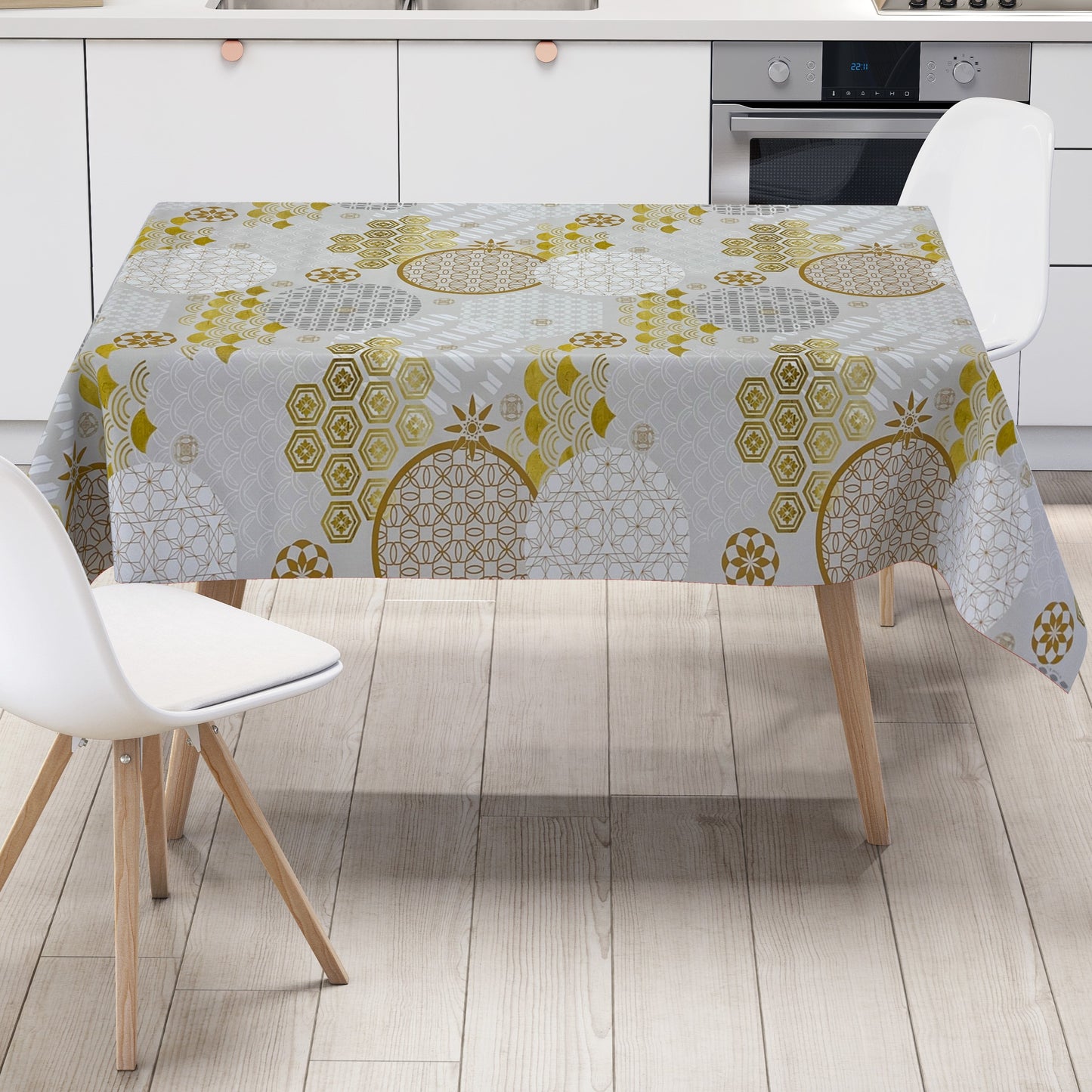 KEVKUS Wachstuch Tischdecke B5023-01 Weihnachten Advent Gold Grau wählbar in eckig, rund und oval -