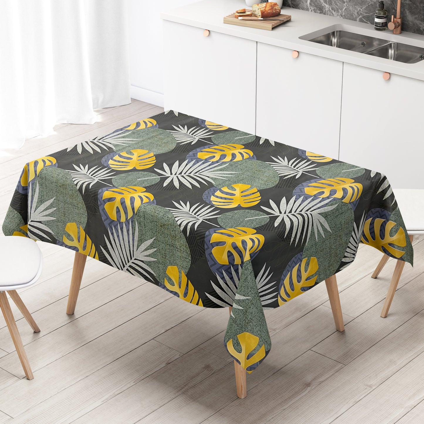 Wachstuch Tischdecke B5054-02 grün gold Dschungel Monstera Palmen eckig rund oval Meterware