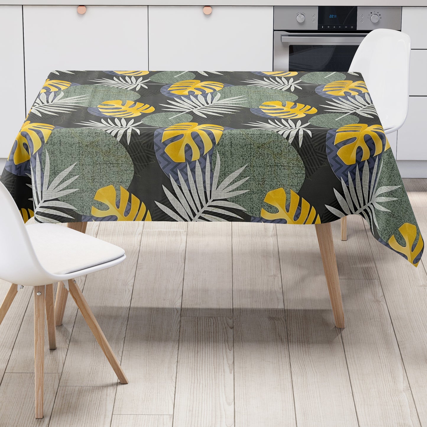 Wachstuch Tischdecke B5054-02 grün gold Dschungel Monstera Palmen eckig rund oval Meterware