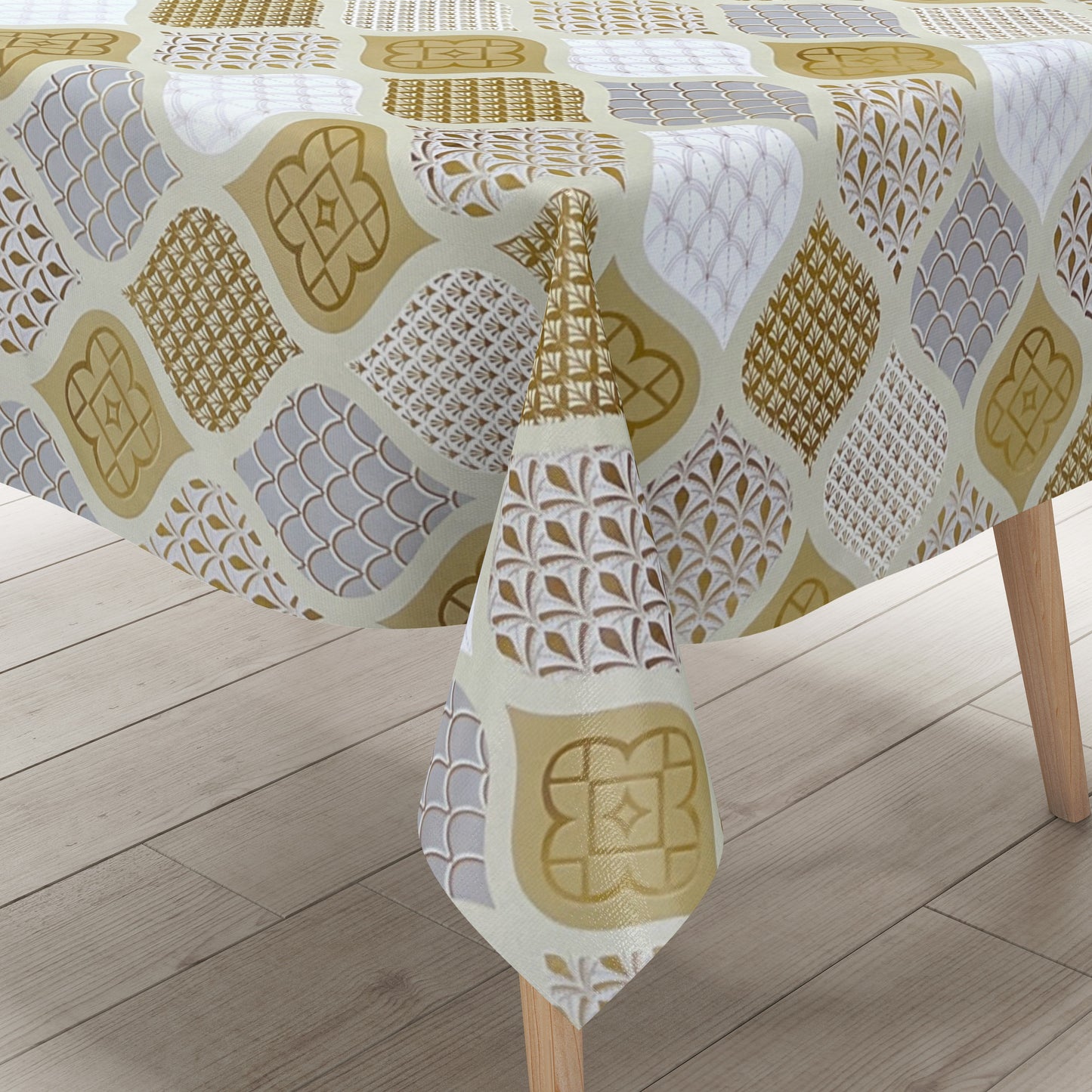 KEVKUS Wachstuch Tischdecke B6014-01 gold grau Weihnachten Ornamente Orient wählbar in eckig, rund und oval -