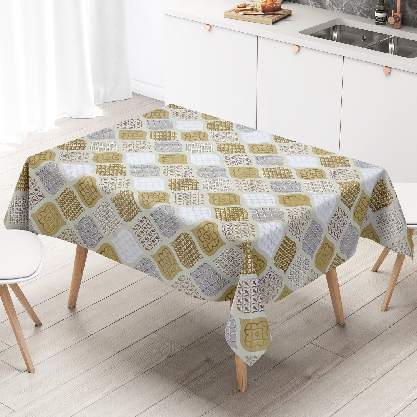 KEVKUS Wachstuch Tischdecke B6014-01 gold grau Weihnachten Ornamente Orient wählbar in eckig, rund und oval -